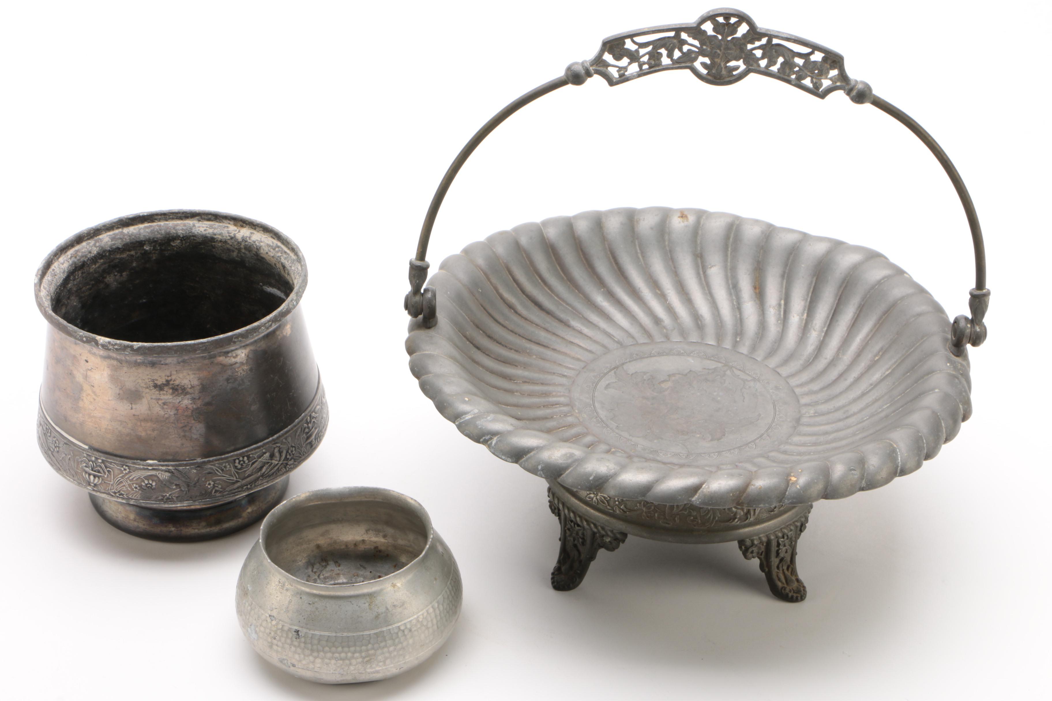 Pewter and Silver Plate Serviceware with Figural Roster Top Glass Jar, Vintage