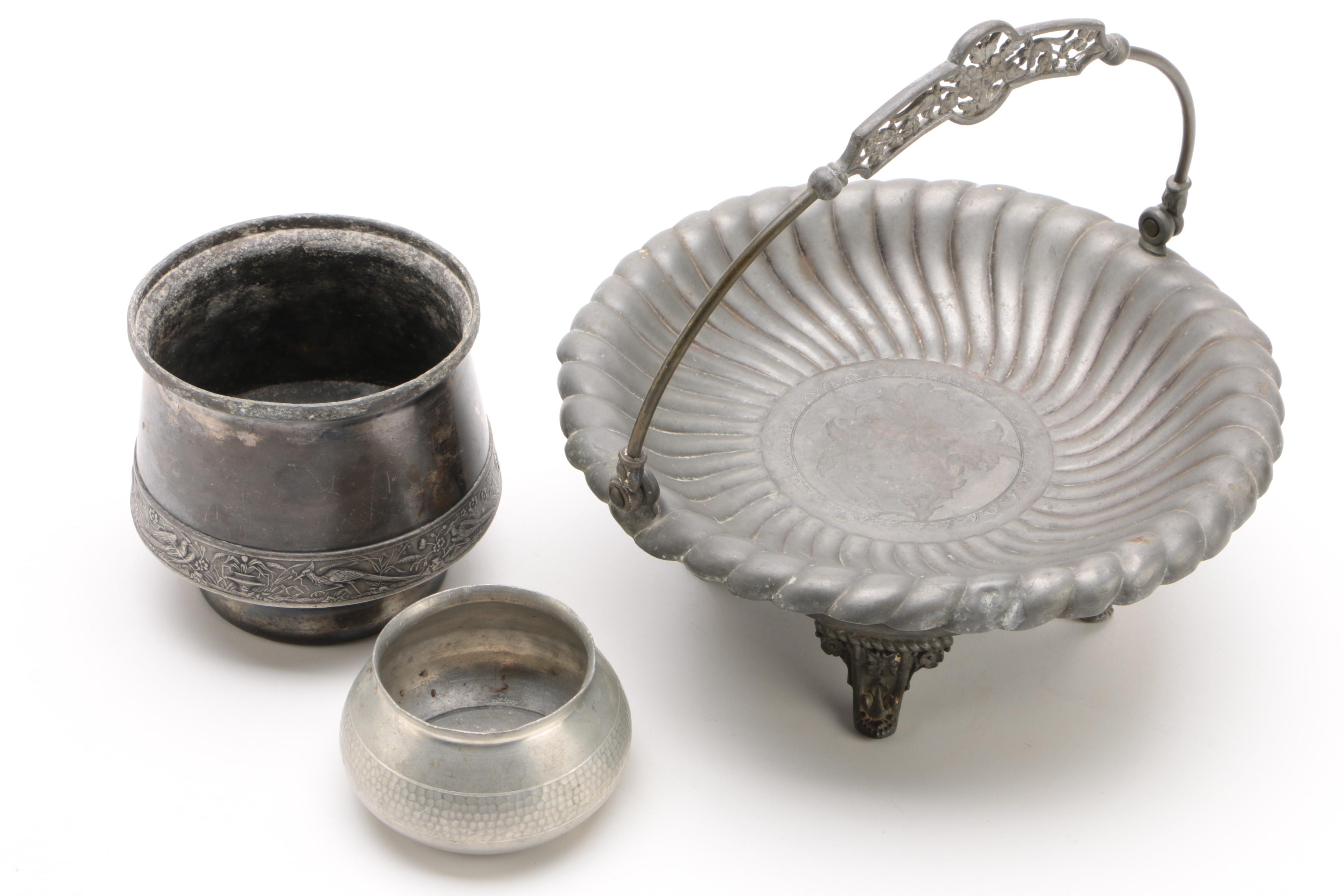 Pewter and Silver Plate Serviceware with Figural Roster Top Glass Jar, Vintage