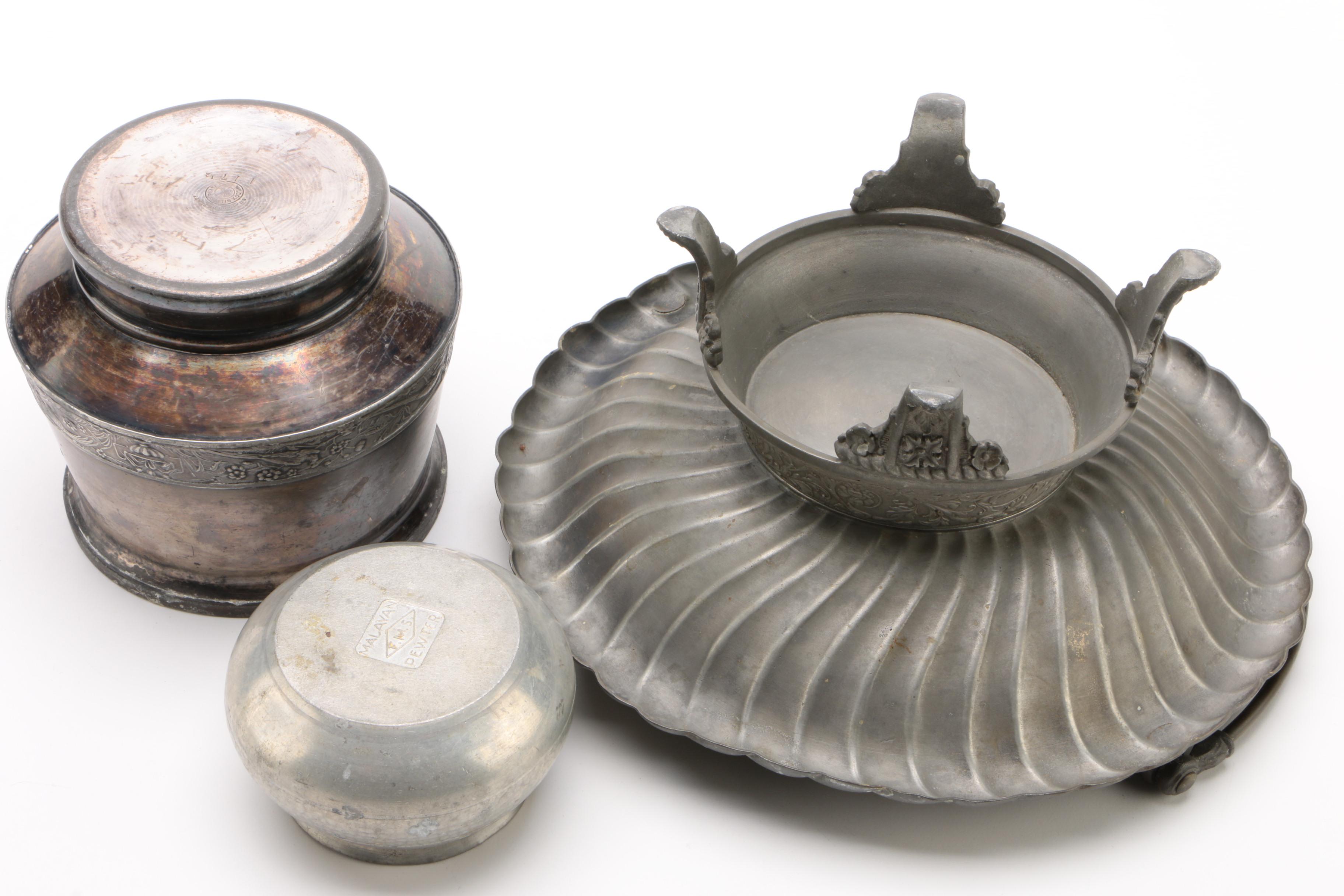 Pewter and Silver Plate Serviceware with Figural Roster Top Glass Jar, Vintage