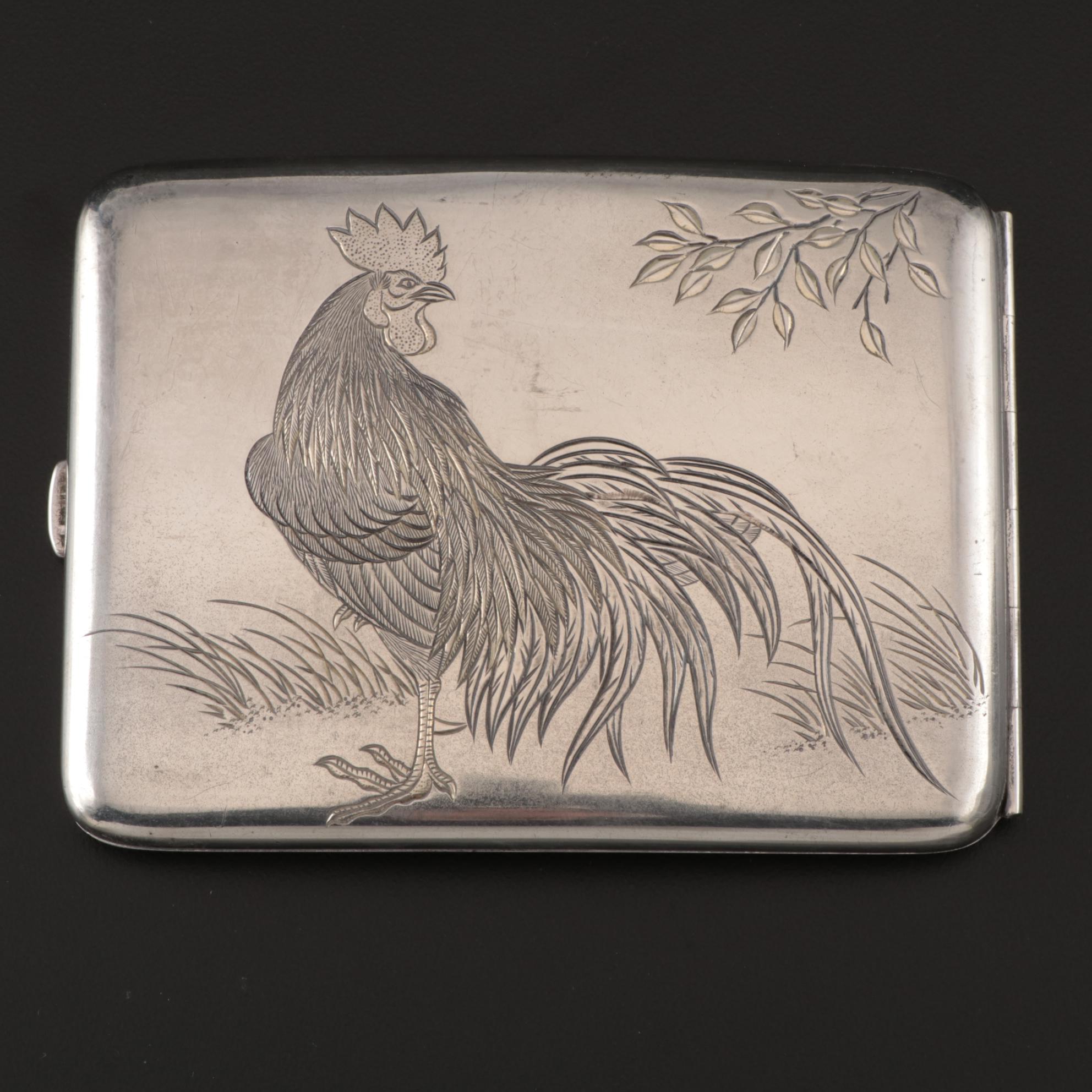 Japanese 950 Silver Cigarette Case with Rooster Motif, Early 20th Century