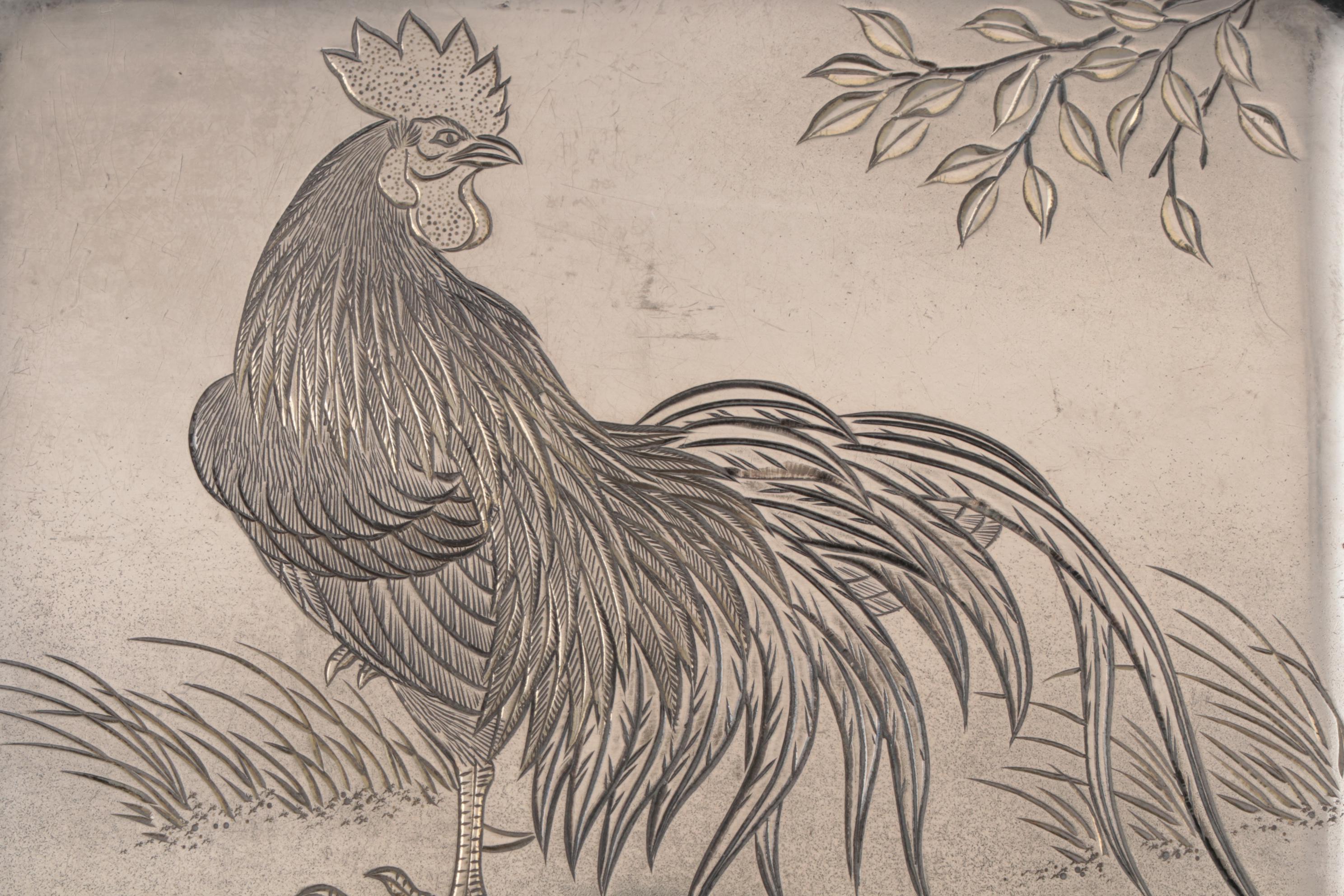 Japanese 950 Silver Cigarette Case with Rooster Motif, Early 20th Century