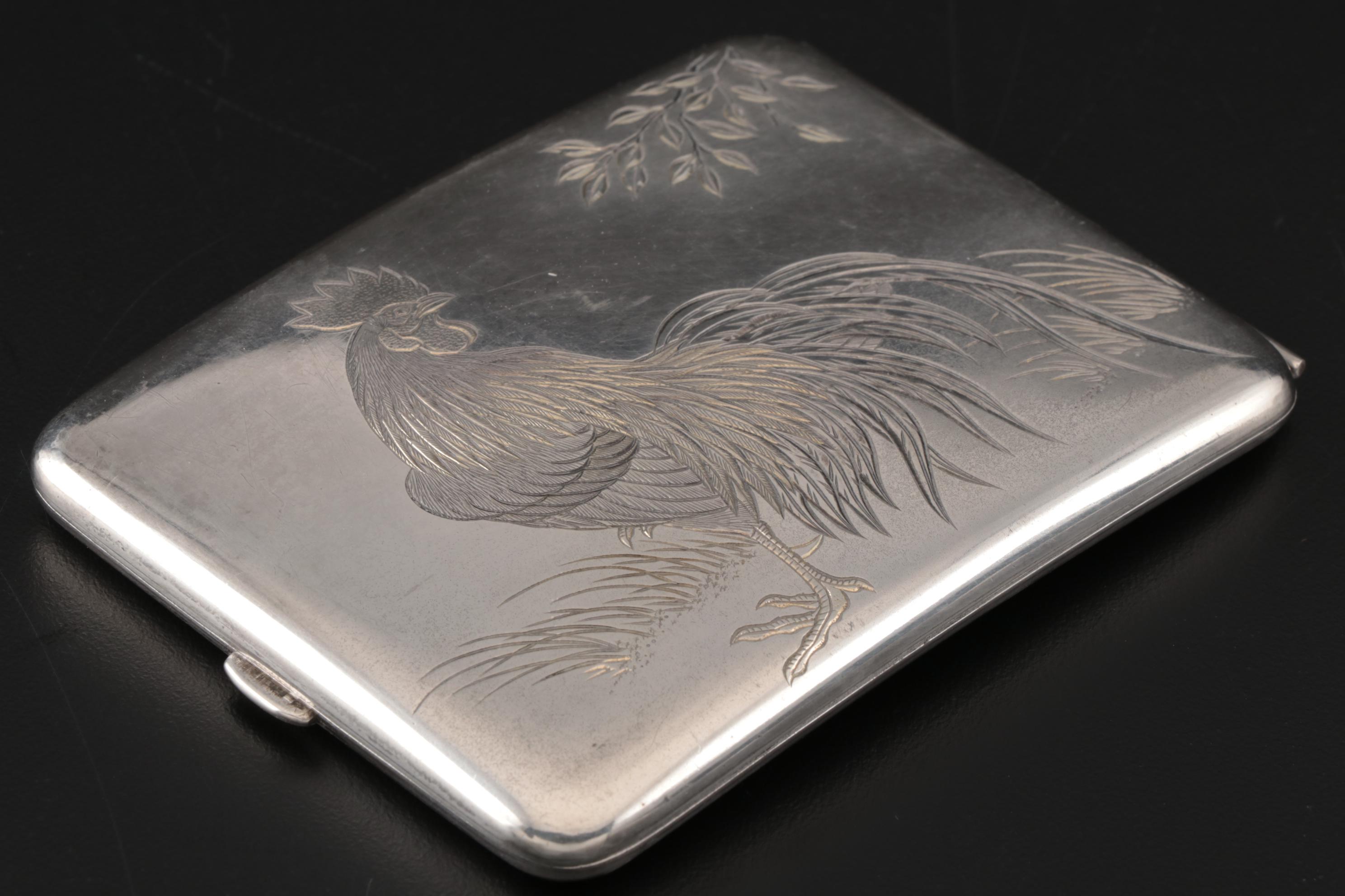 Japanese 950 Silver Cigarette Case with Rooster Motif, Early 20th Century