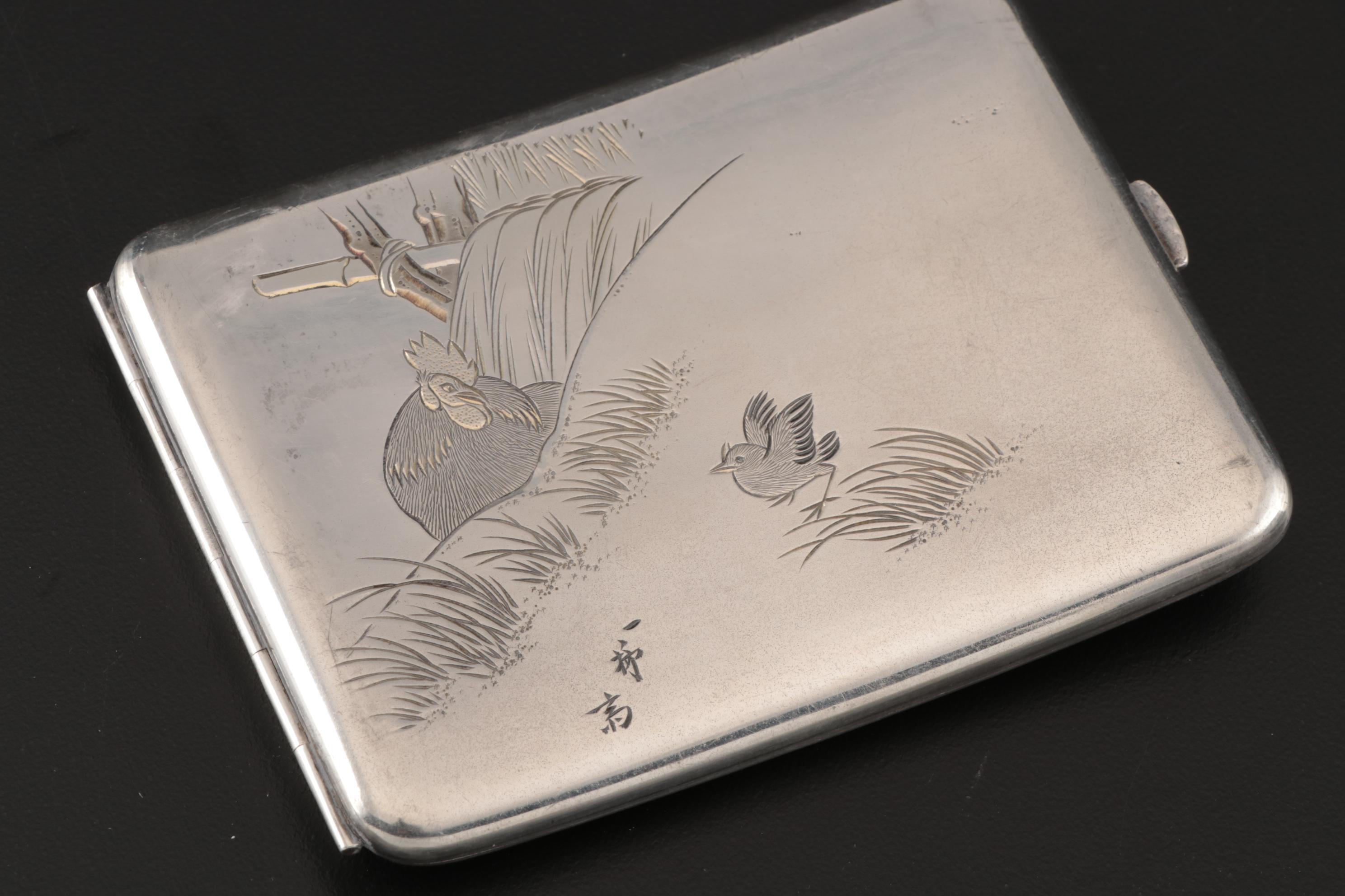 Japanese 950 Silver Cigarette Case with Rooster Motif, Early 20th Century