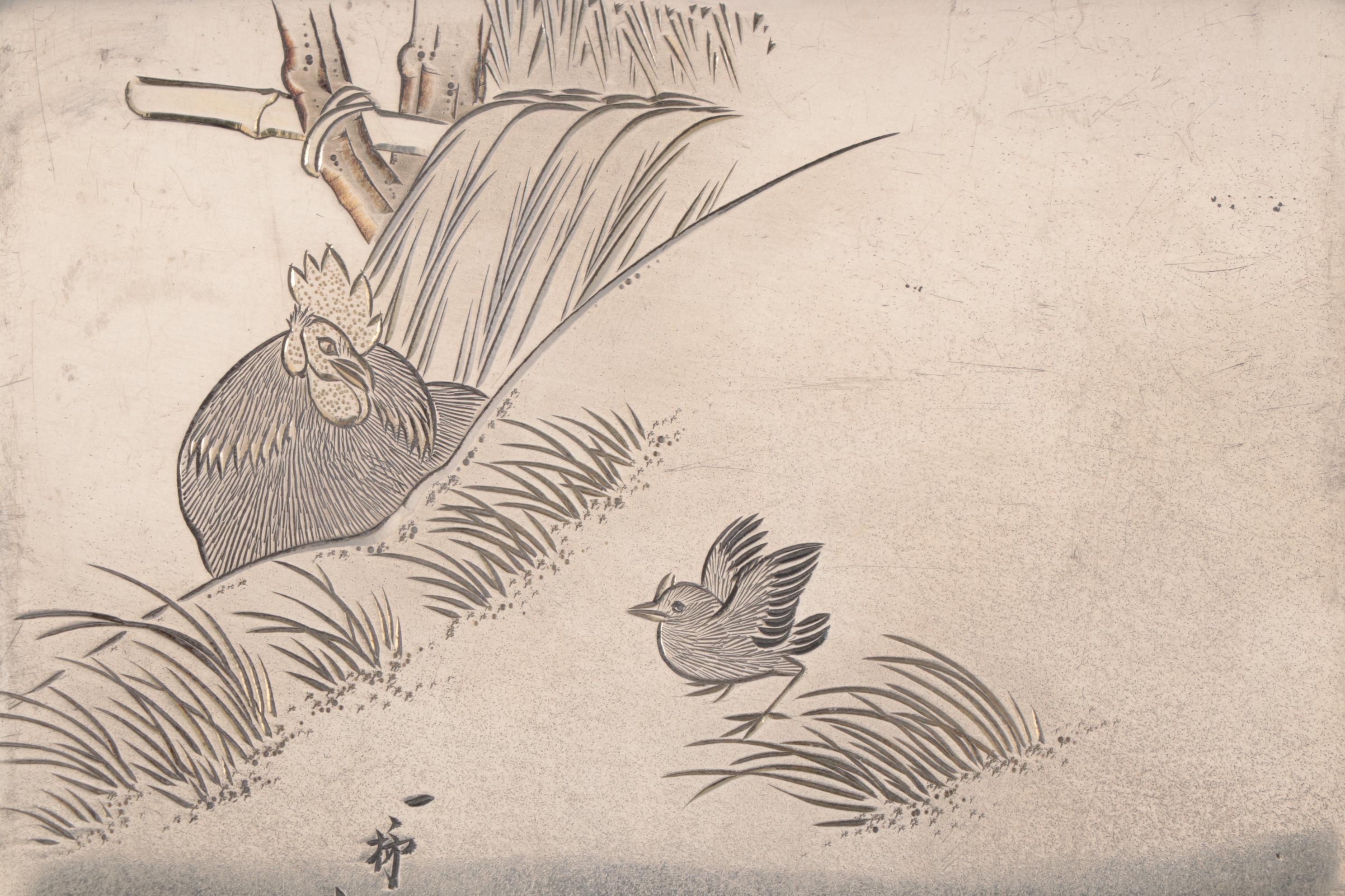 Japanese 950 Silver Cigarette Case with Rooster Motif, Early 20th Century