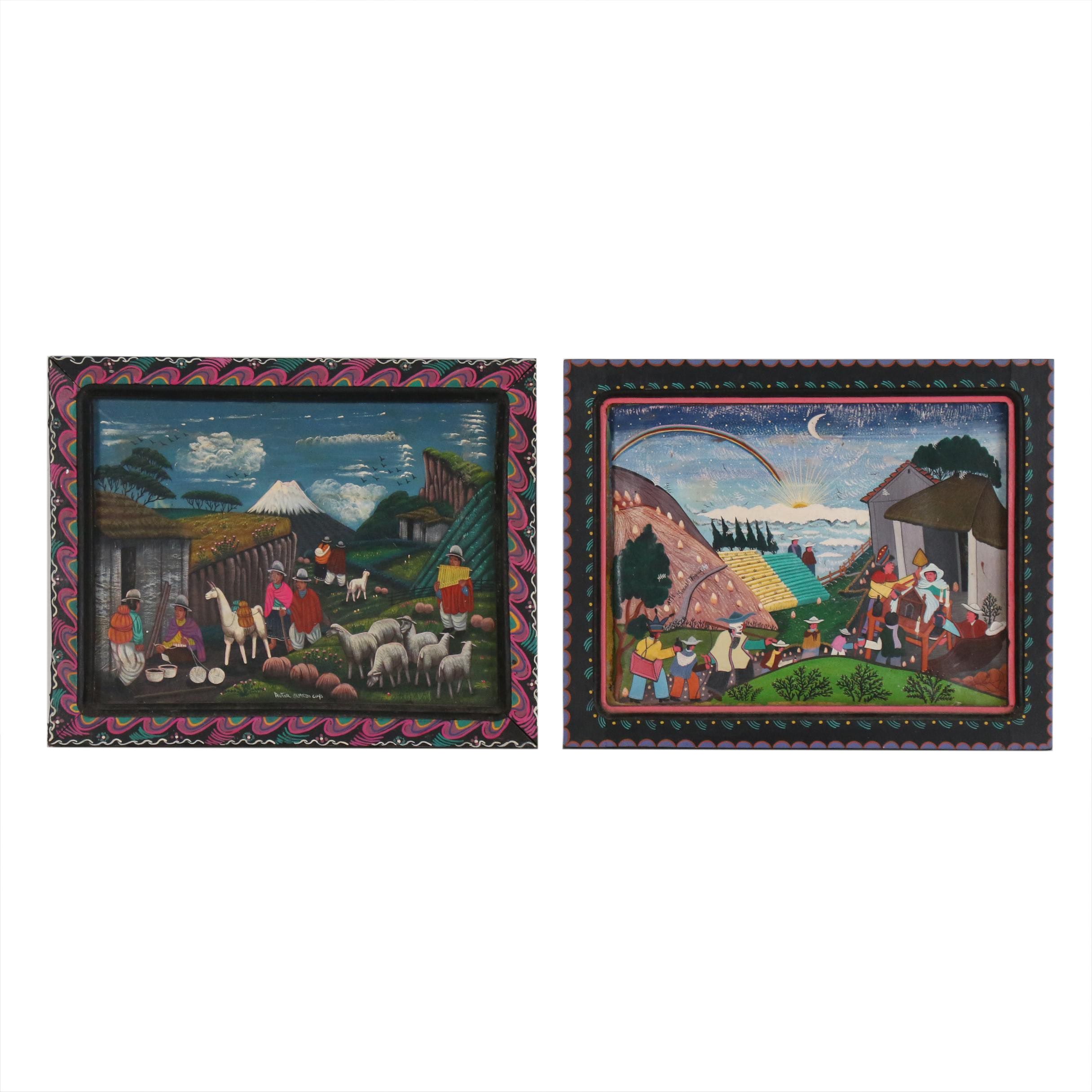 Ecuador Tigua Folk Art Paintings on Sheepskin