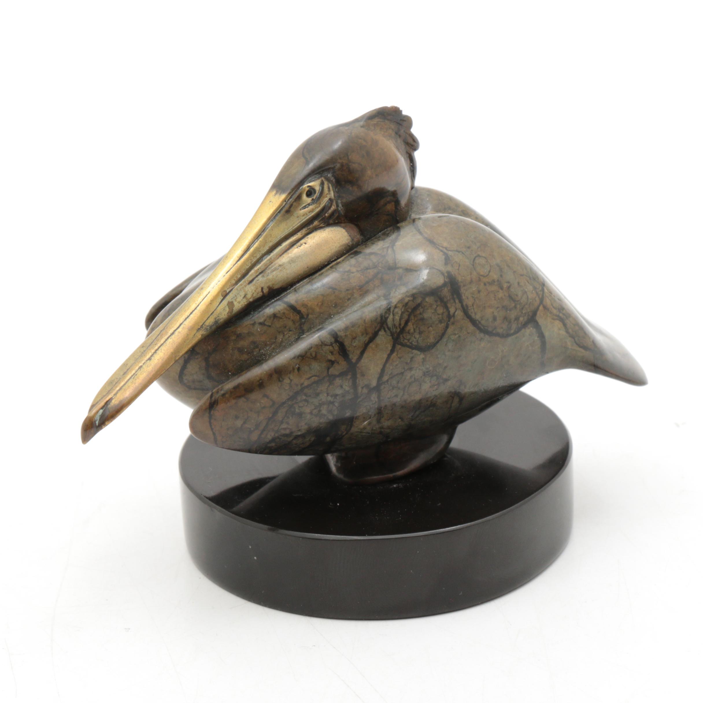 Brian Arthur "Small Nesting Pelican" Bronze Sculpture on Stone Base