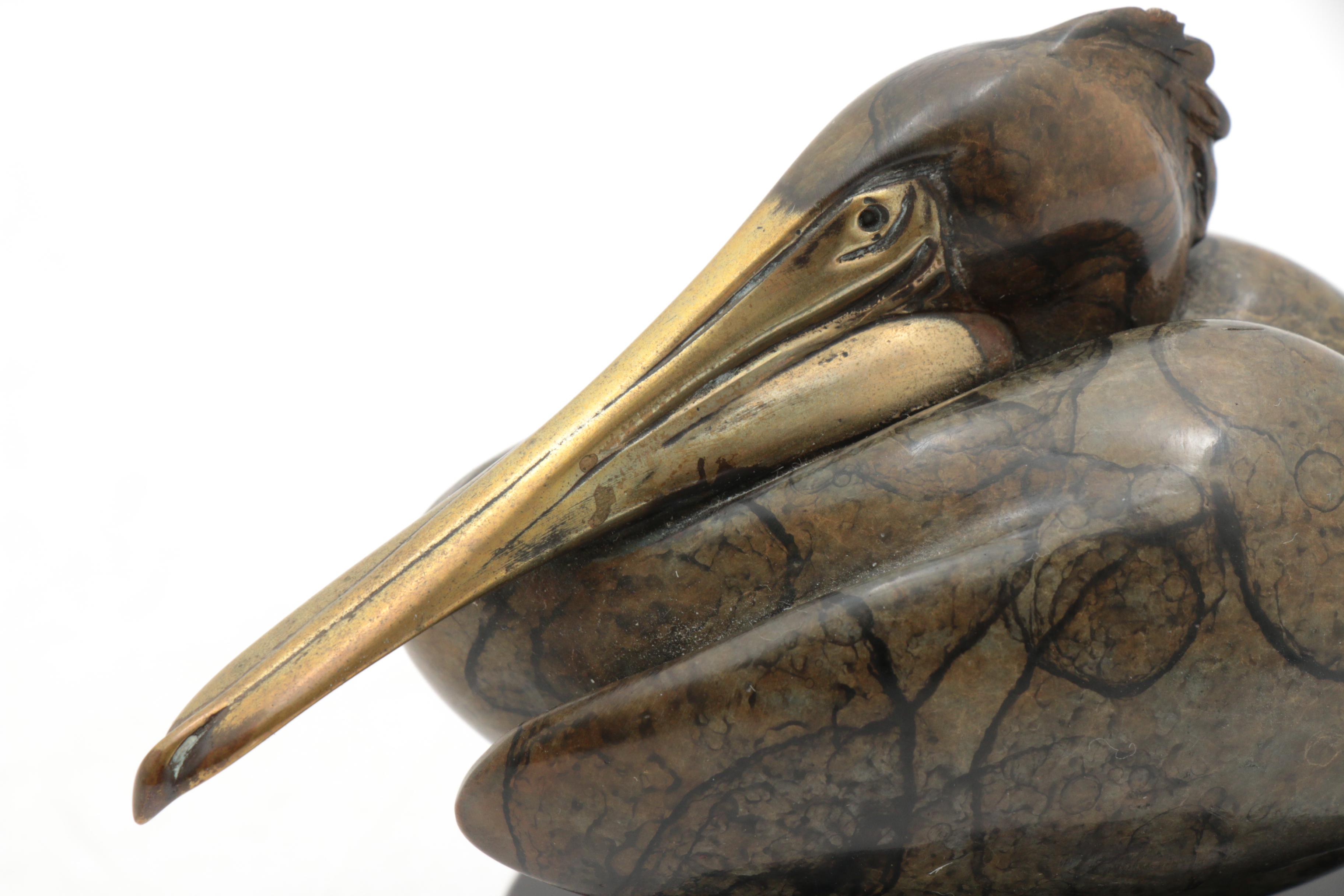 Brian Arthur "Small Nesting Pelican" Bronze Sculpture on Stone Base