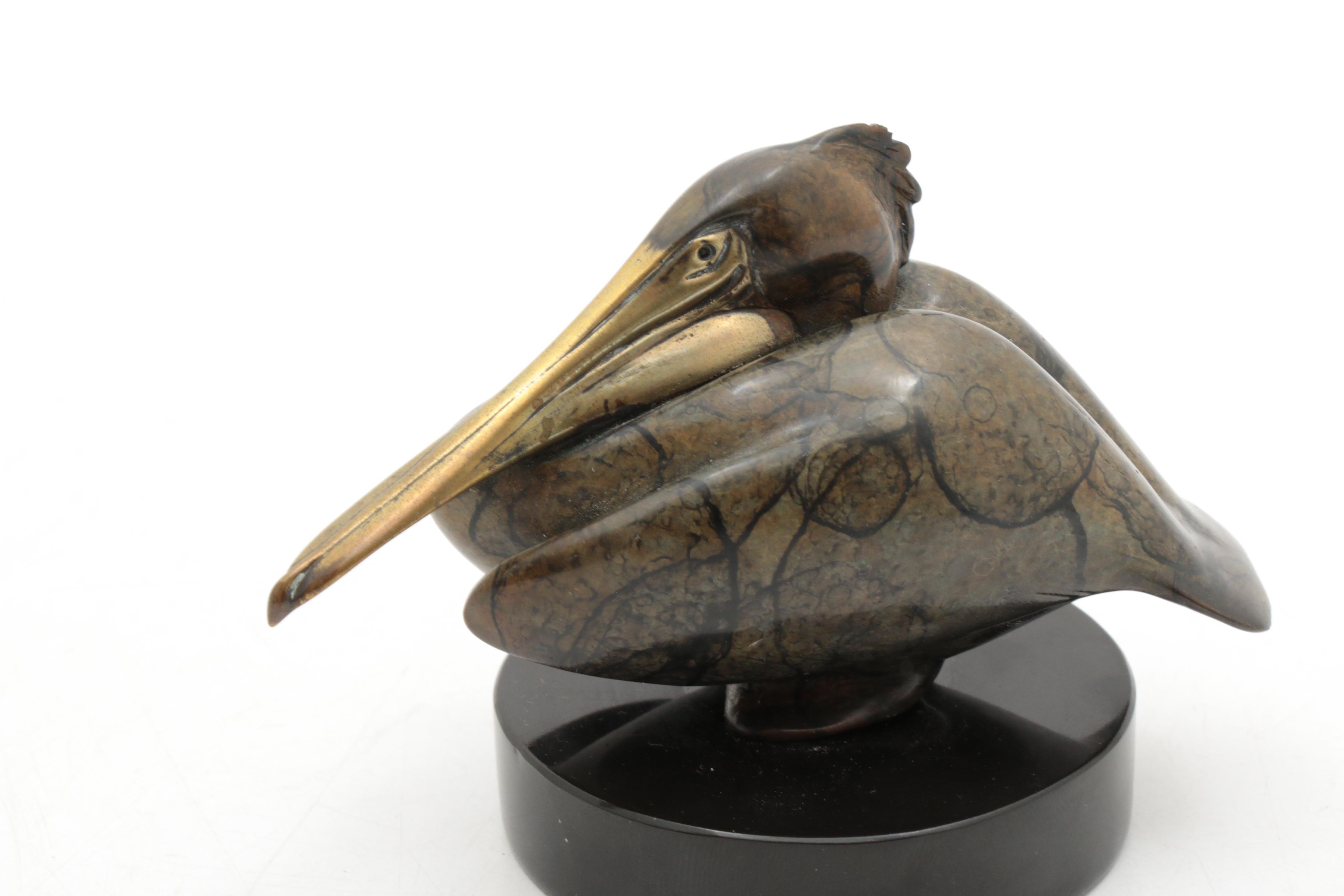 Brian Arthur "Small Nesting Pelican" Bronze Sculpture on Stone Base