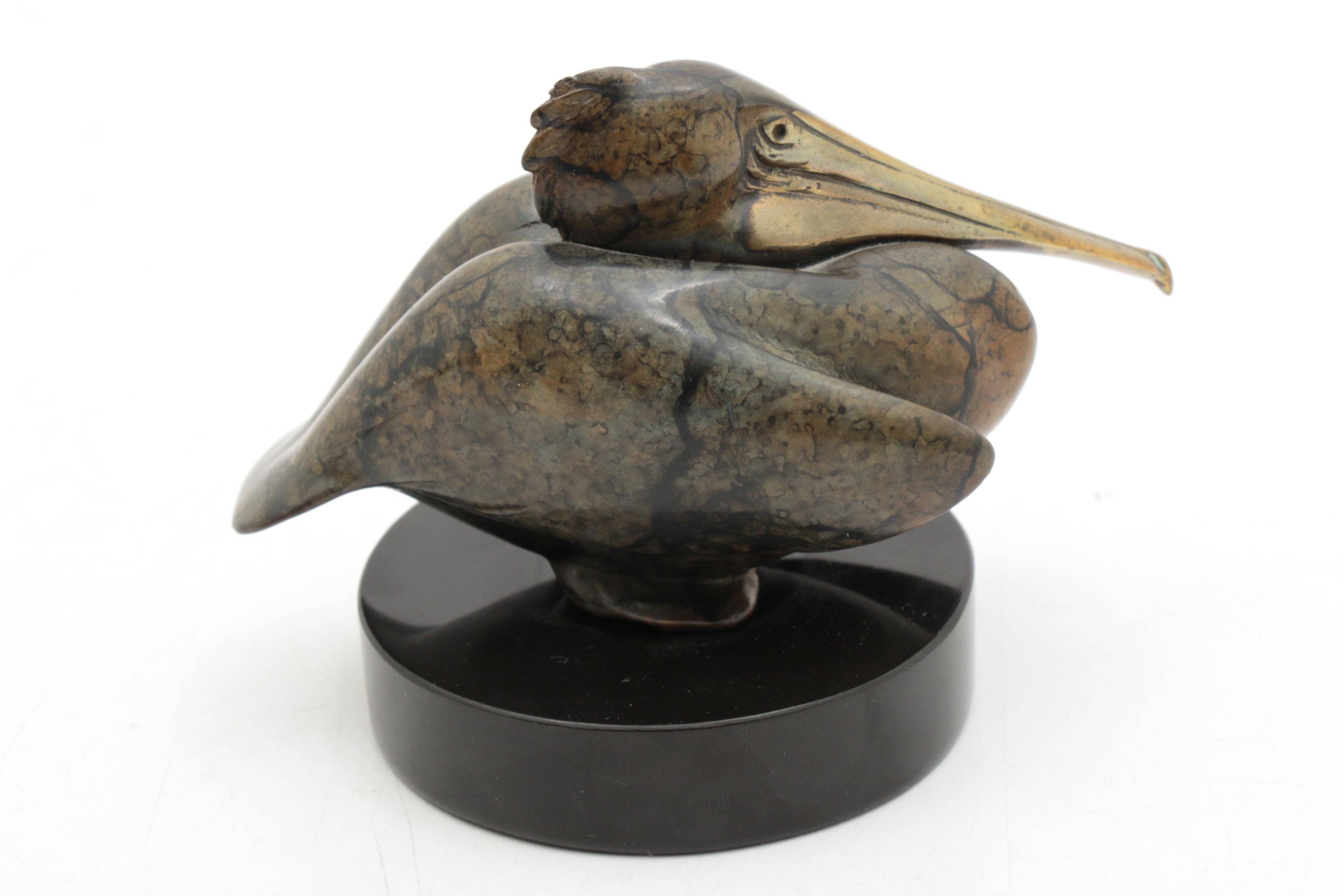 Brian Arthur "Small Nesting Pelican" Bronze Sculpture on Stone Base