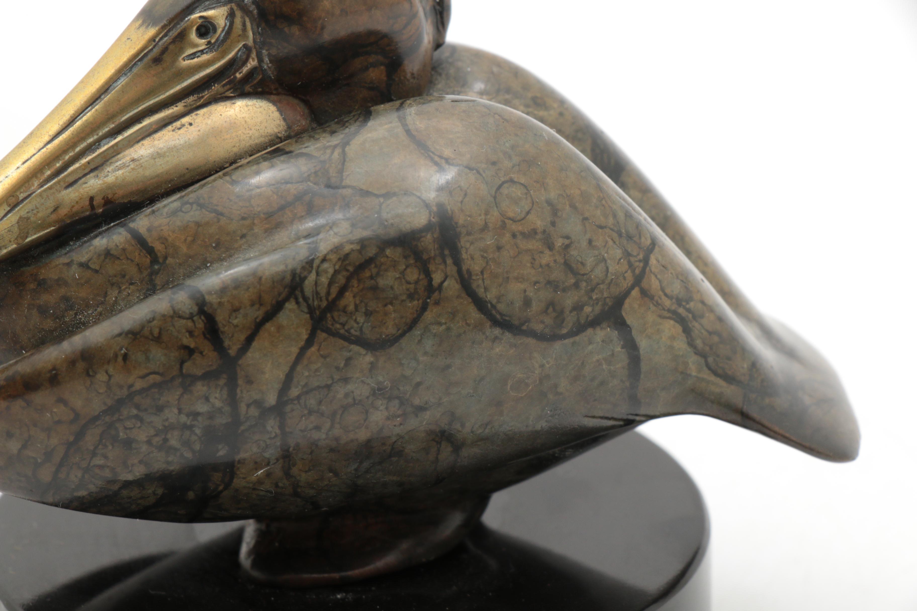 Brian Arthur "Small Nesting Pelican" Bronze Sculpture on Stone Base