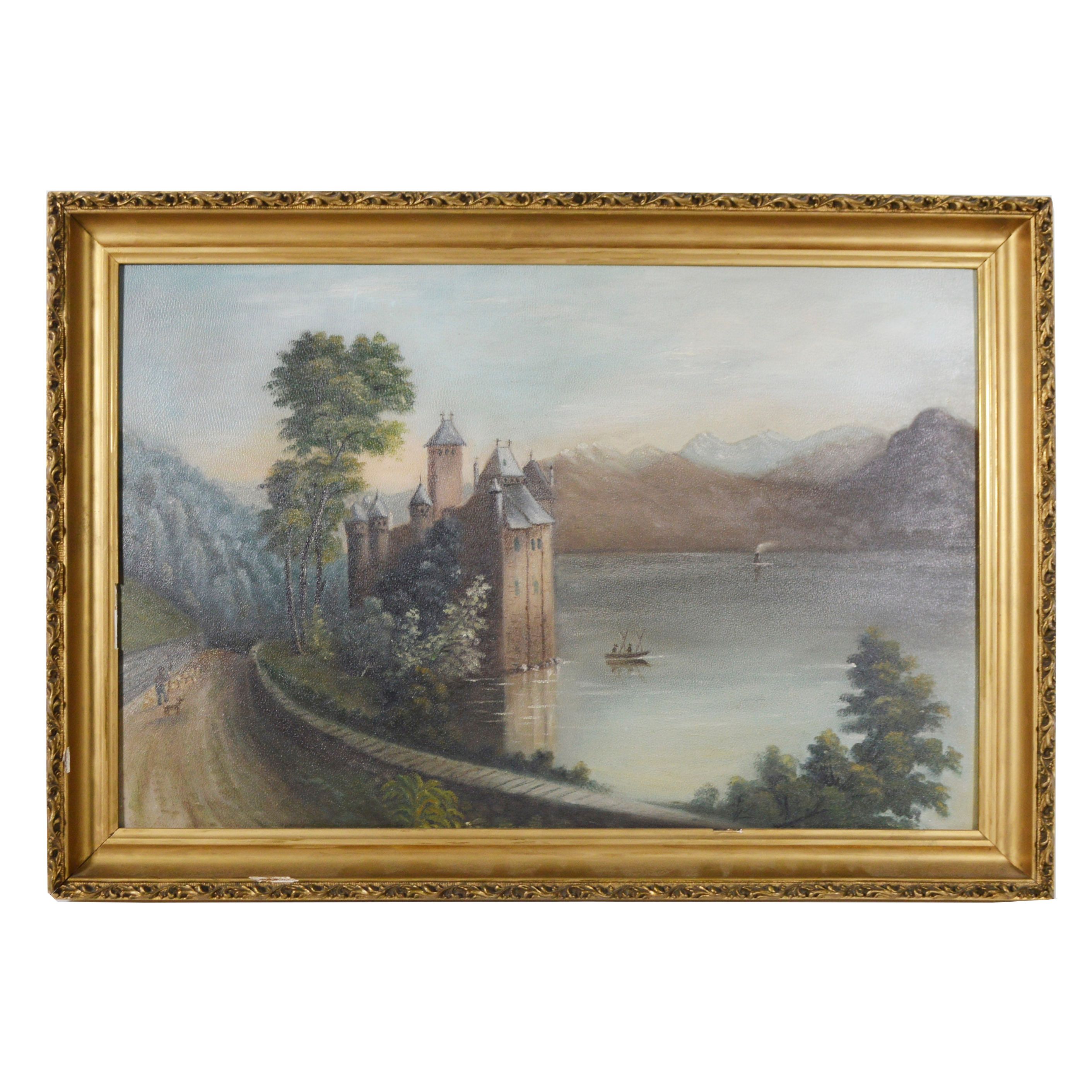 William Schurr Oil Painting of Castle on Lake, Circa 1870