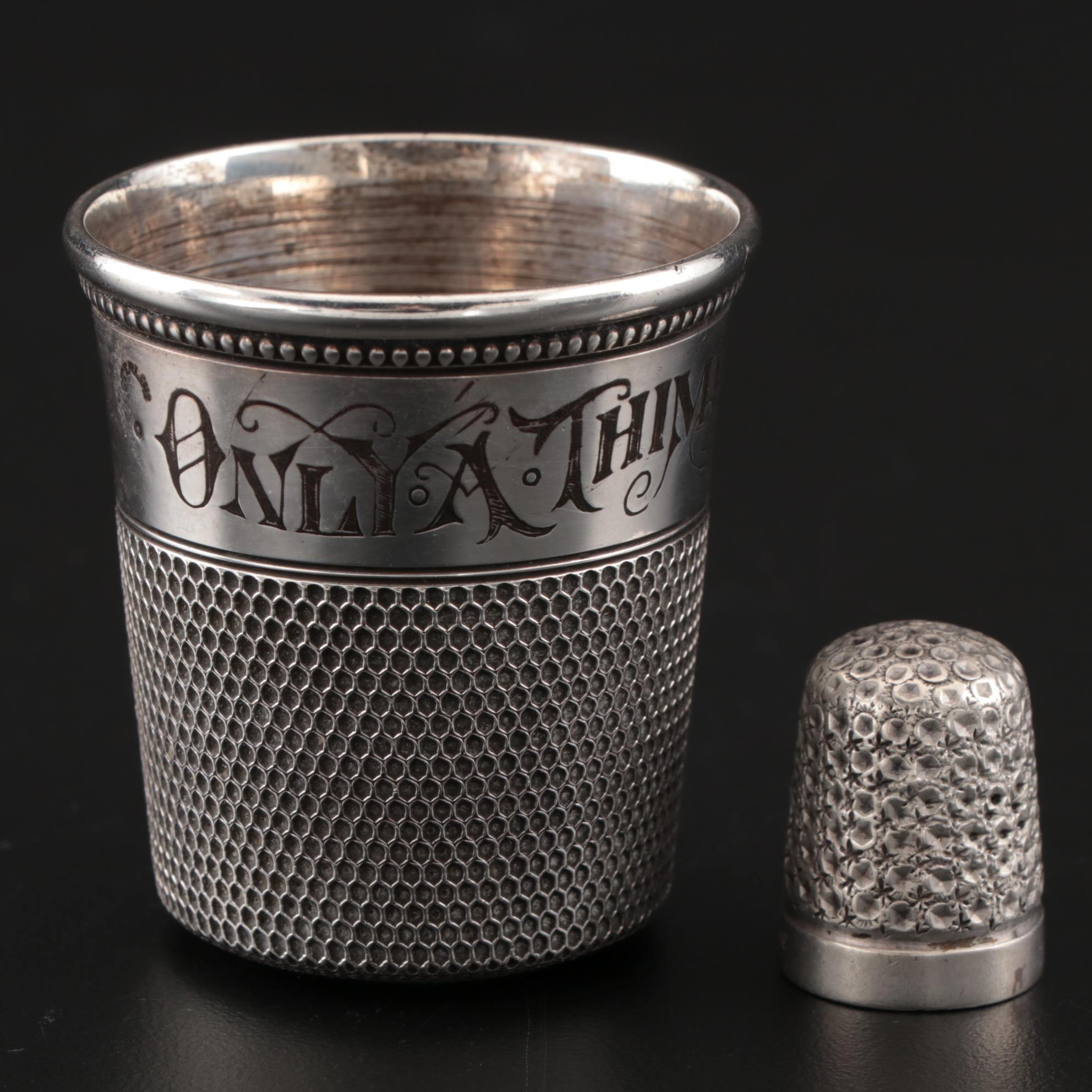 Sterling "Only A Thimble Full" Jigger with James Swann Sterling Thimble