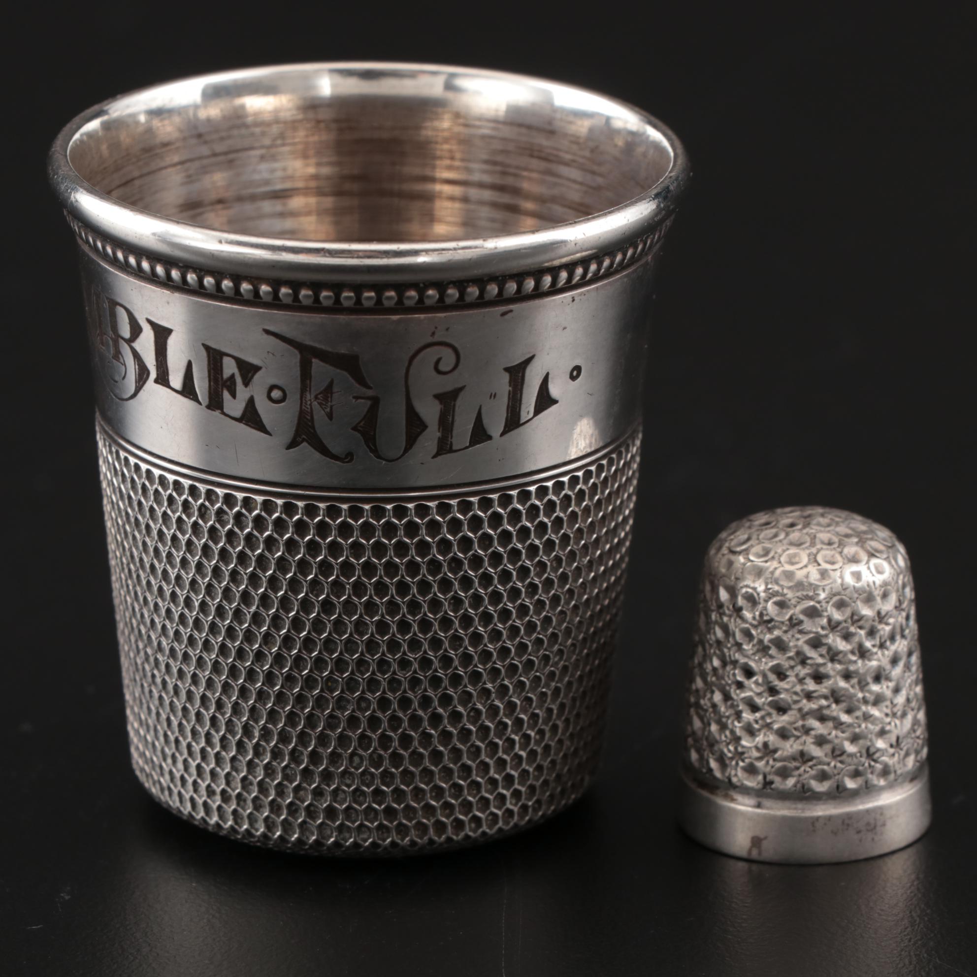 Sterling "Only A Thimble Full" Jigger with James Swann Sterling Thimble