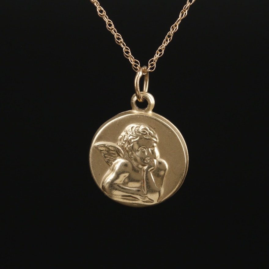 14K Yellow Gold Guardian Angel Pendant On Singapore Chain Necklace
