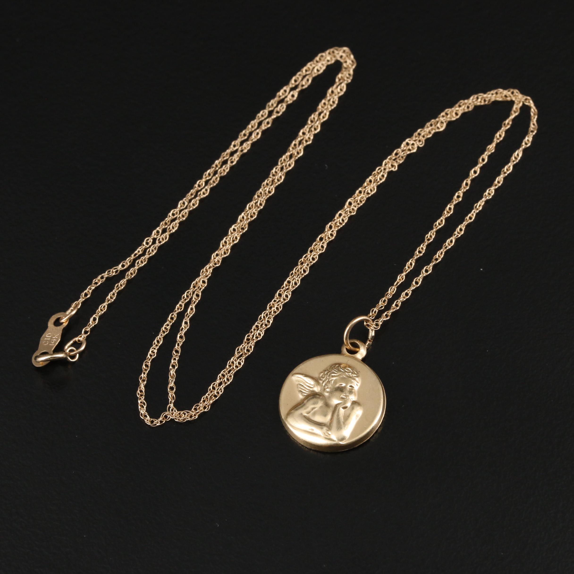 14K Yellow Gold Guardian Angel Pendant On Singapore Chain Necklace