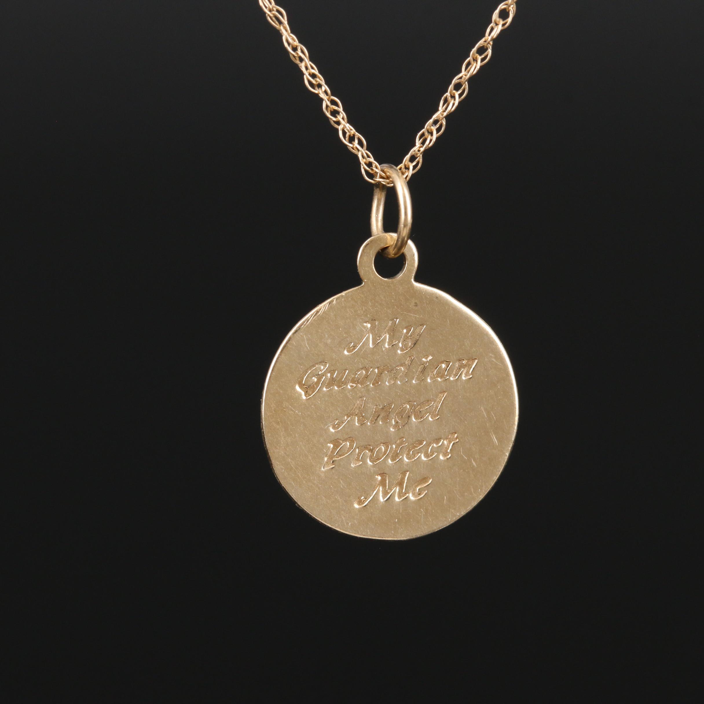 14K Yellow Gold Guardian Angel Pendant On Singapore Chain Necklace