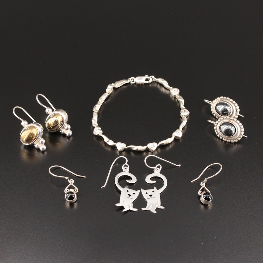 Sterling Silver Gemstone Earrings and Bracelet Including Mexican Cat Earrings