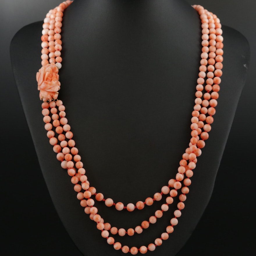 Vintage Coral Triple Strand Beaded Necklace