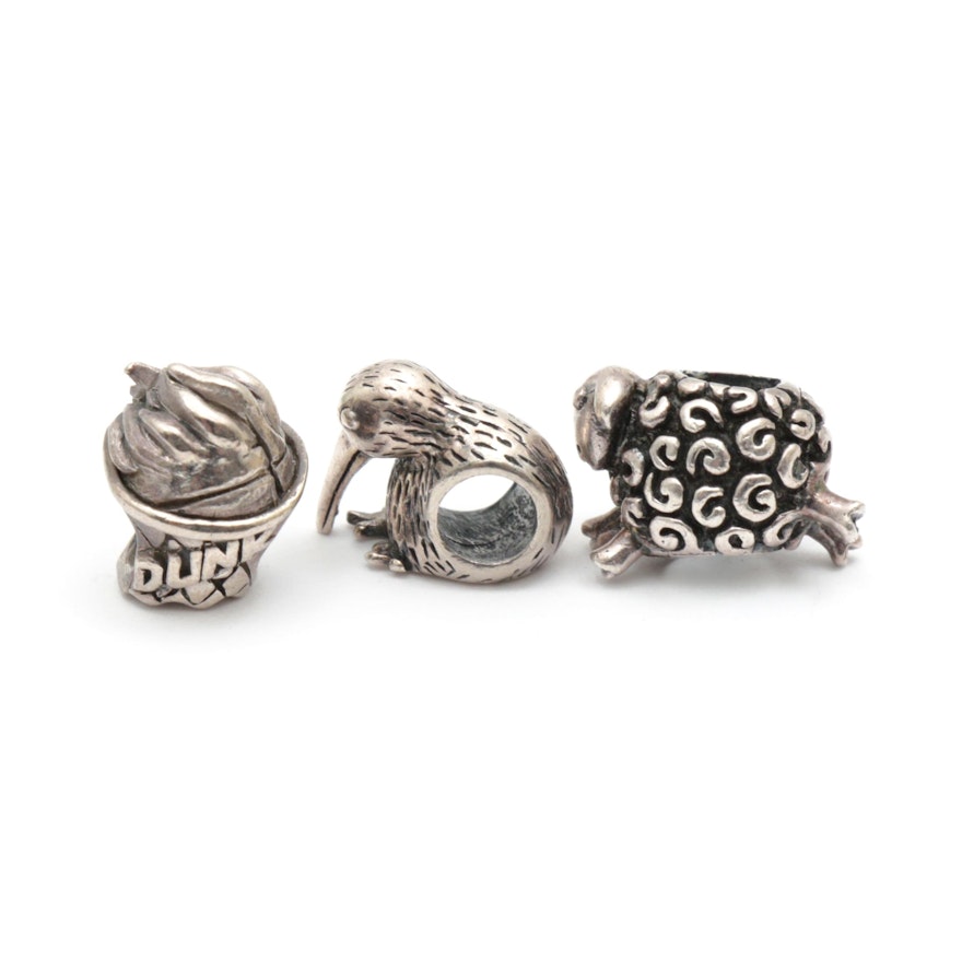 Sterling Silver Kiwi Bird, Sheep and Dunking Basketball Charms