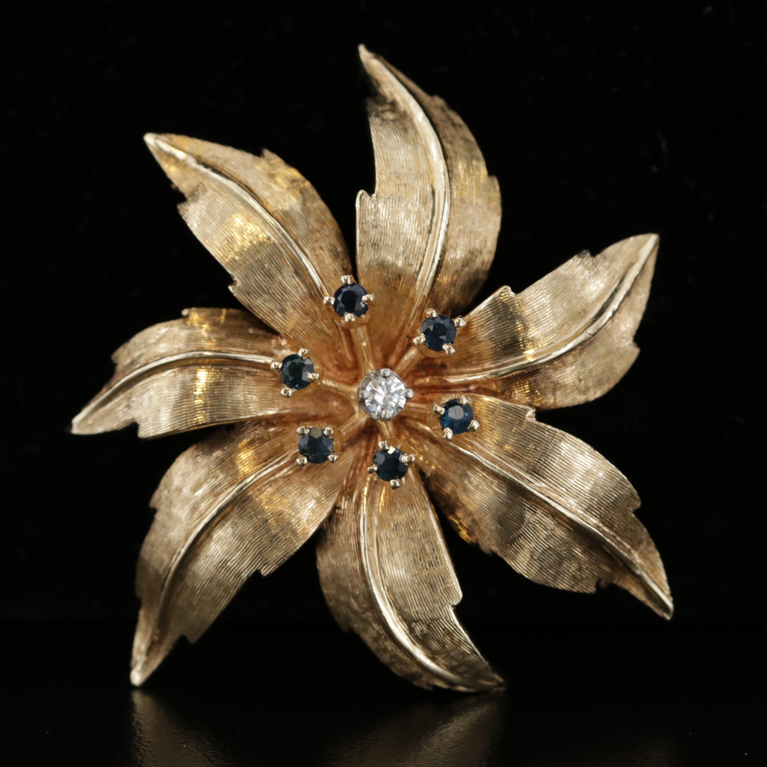 Vintage 14K Yellow Gold Diamond and Blue Sapphire Flower Brooch
