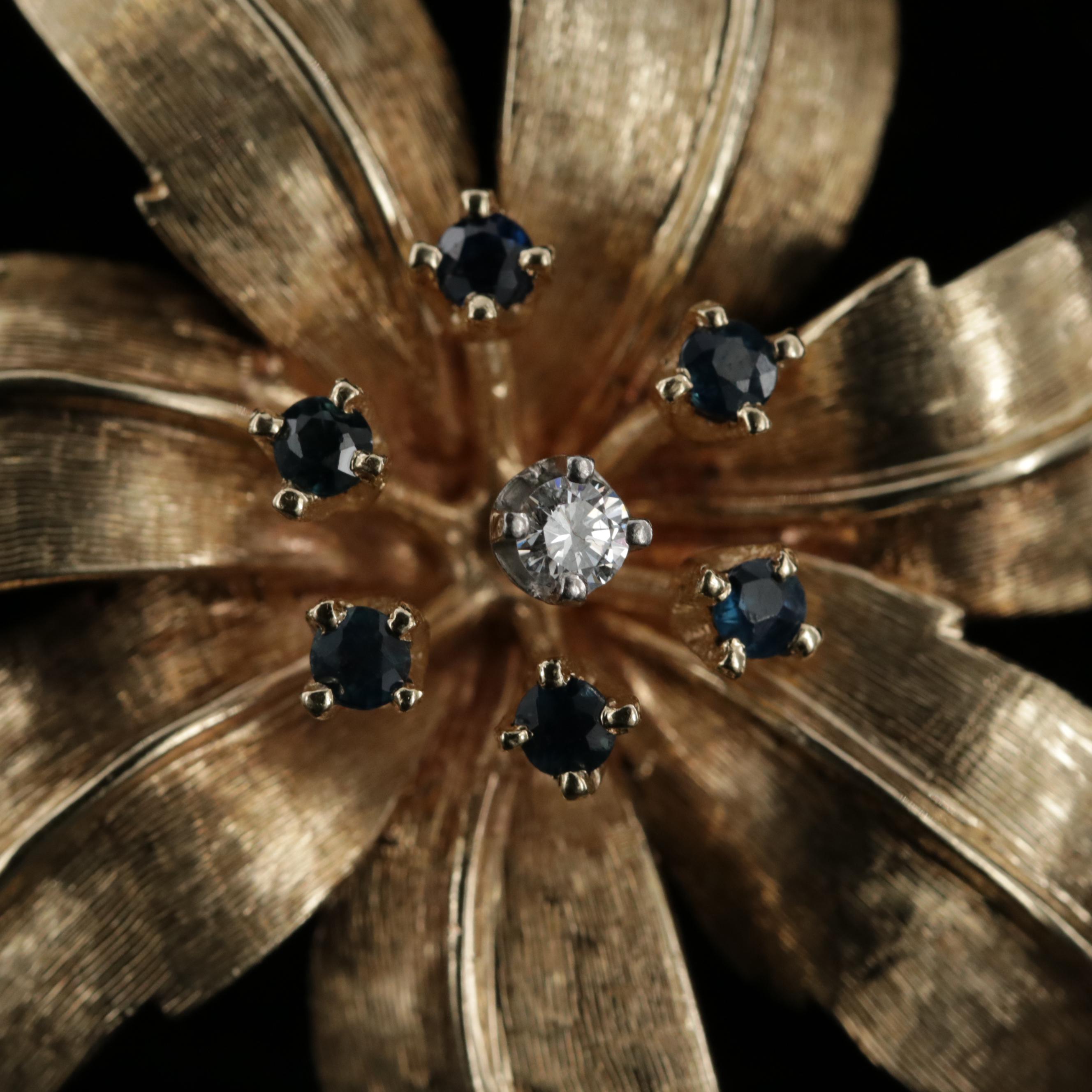 Vintage 14K Yellow Gold Diamond and Blue Sapphire Flower Brooch
