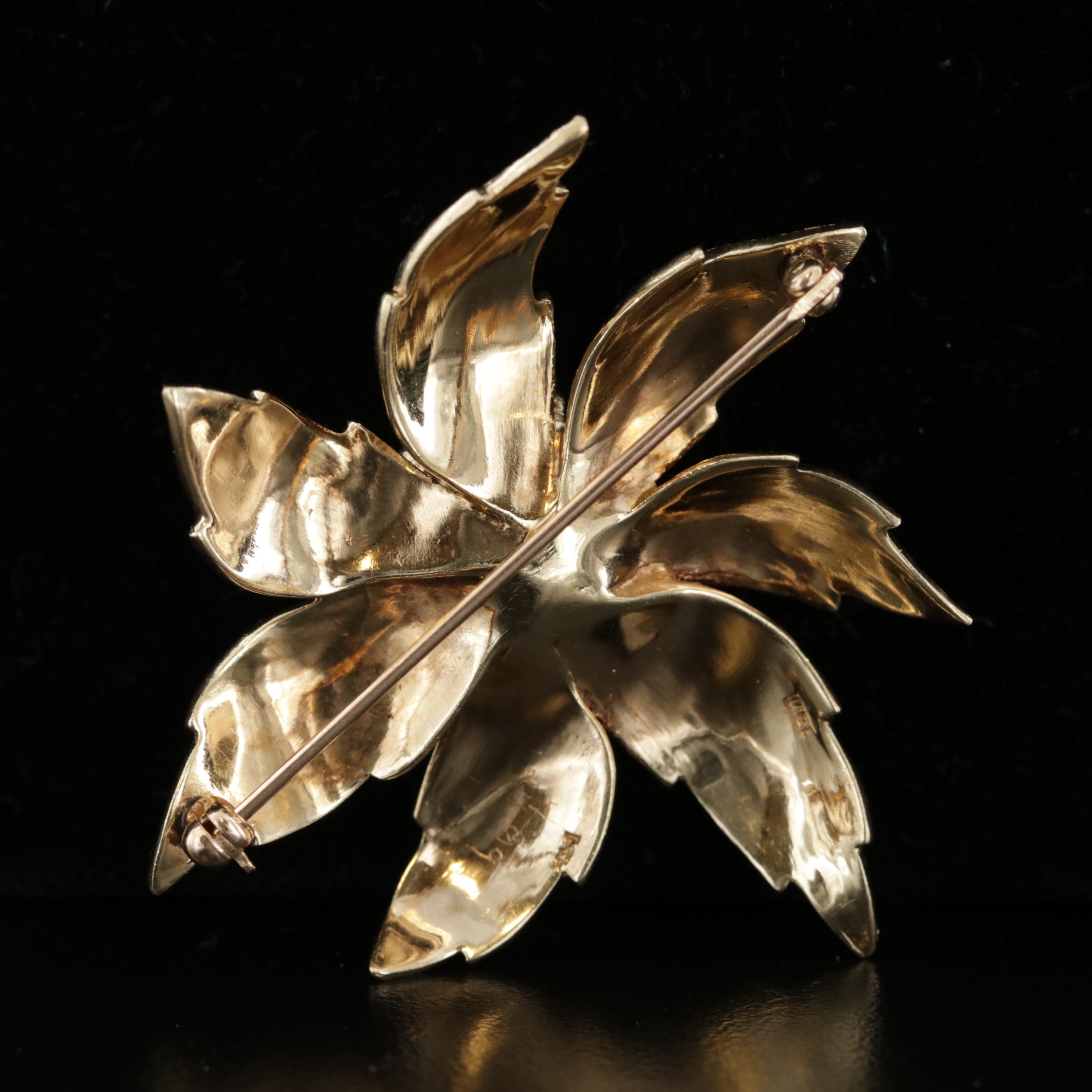 Vintage 14K Yellow Gold Diamond and Blue Sapphire Flower Brooch