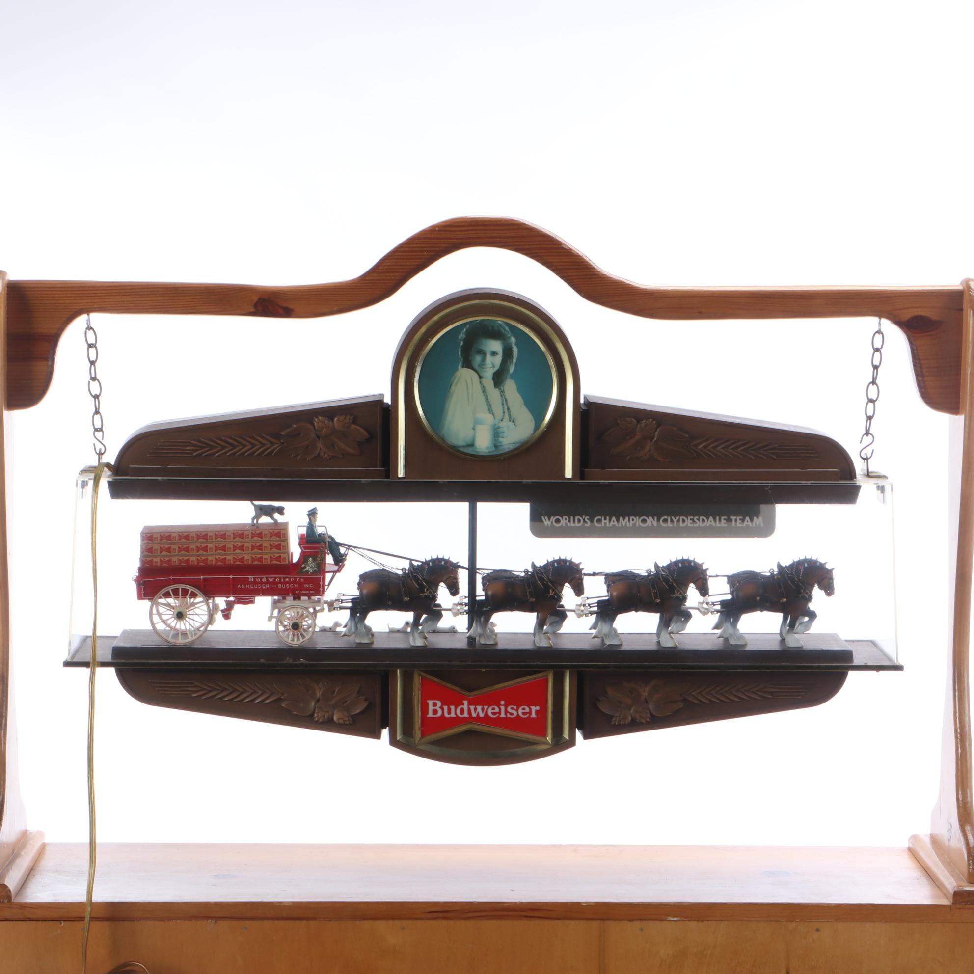 Budweiser Clydesdale Hanging Light-Up Sign With Clock And Budweiser Mug Display