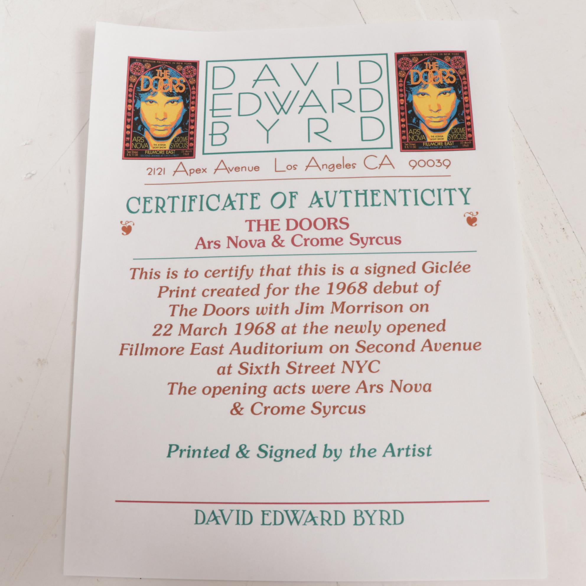 David Edward Byrd Giclée Poster "The Doors - Debut - Fillmore East - 1968"