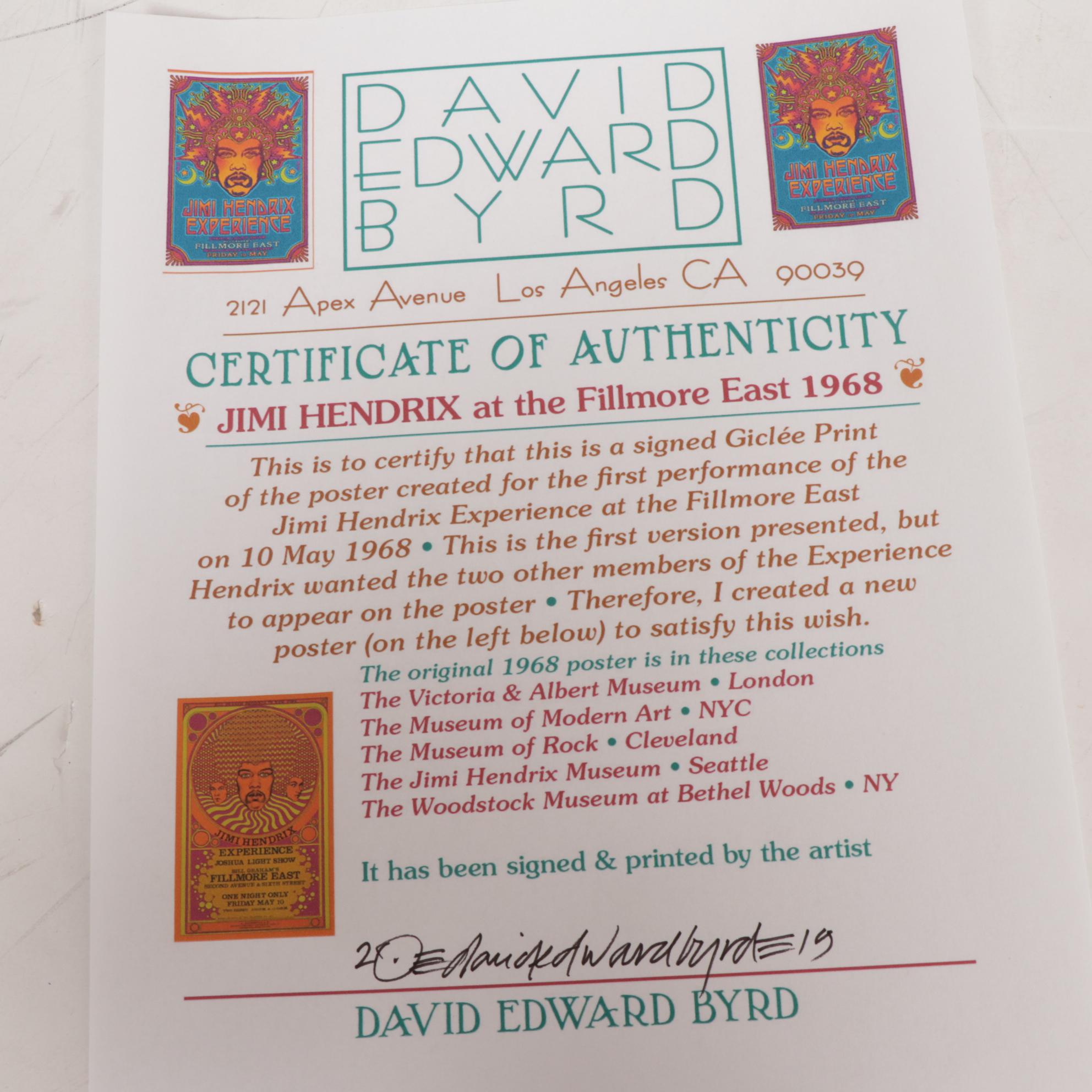 David Edward Byrd Giclée "Jimi Hendrix at the Fillmore East First Concept, 1968"