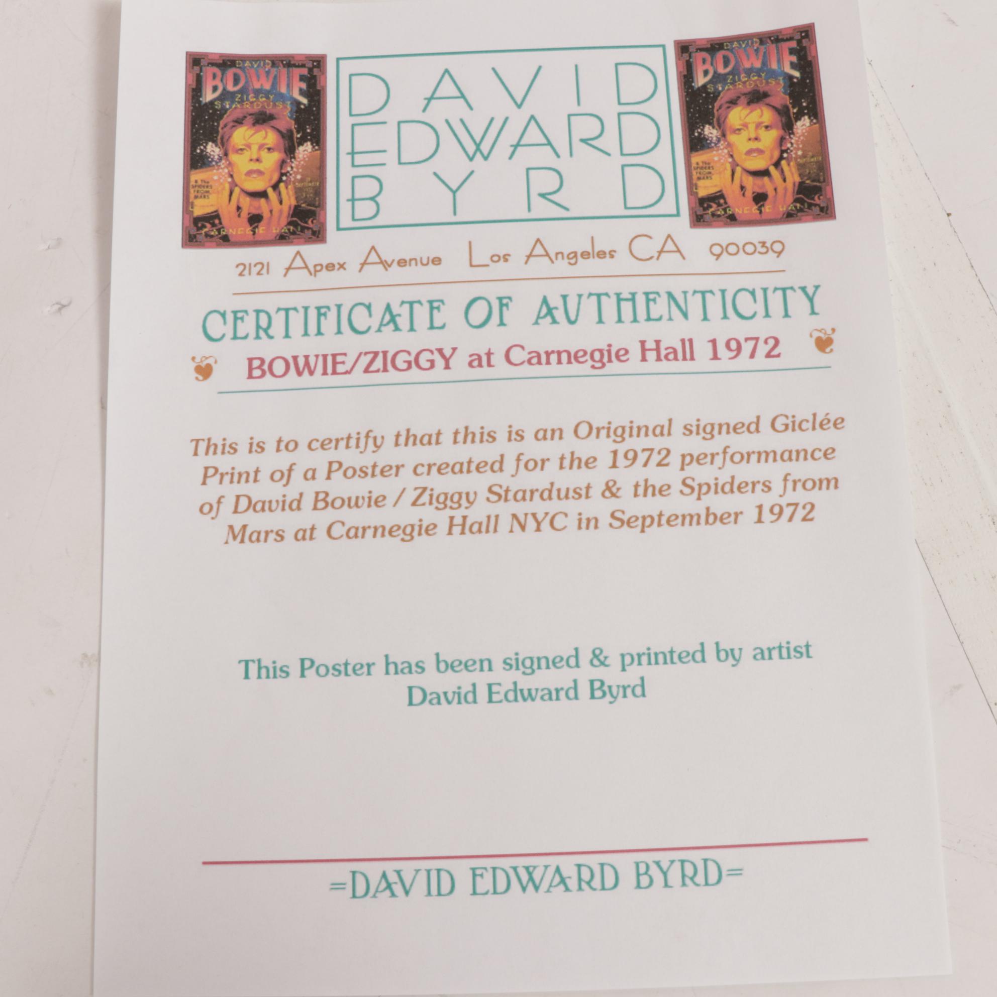 David Edward Byrd Giclée Poster "Bowie/Ziggy at Carnegie Hall 1972," 2019