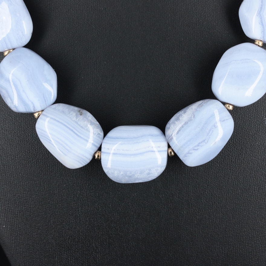 Beaded Blue Lace Agate Necklace With 14K Yellow Gold Clasp and Spacer Beads