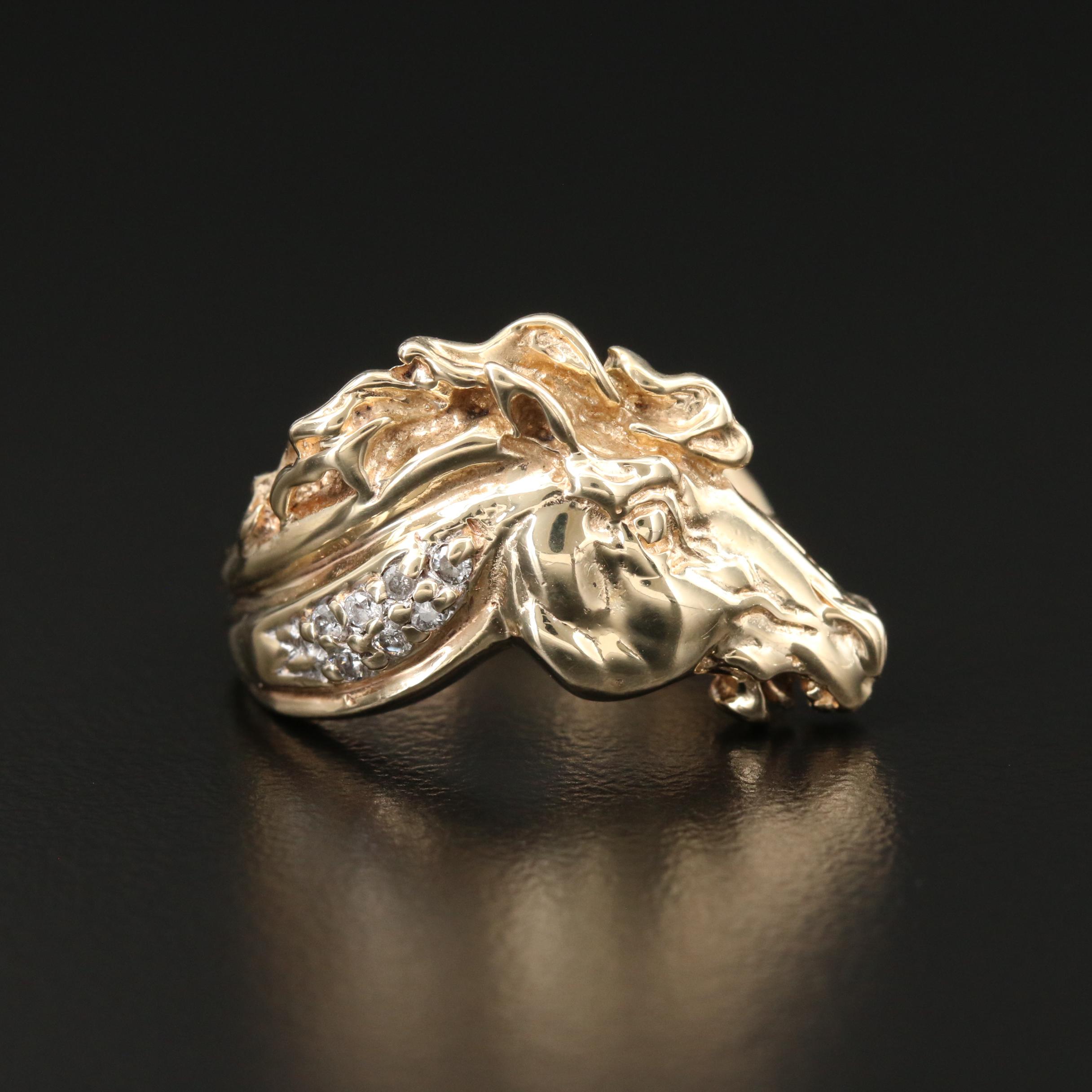 10K Yellow Gold Diamond Horse Motif Ring