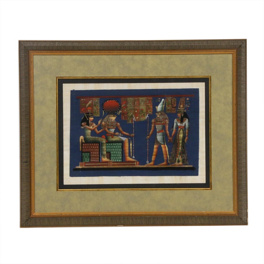 Egyptian Deities Gouache on Papyrus Painting