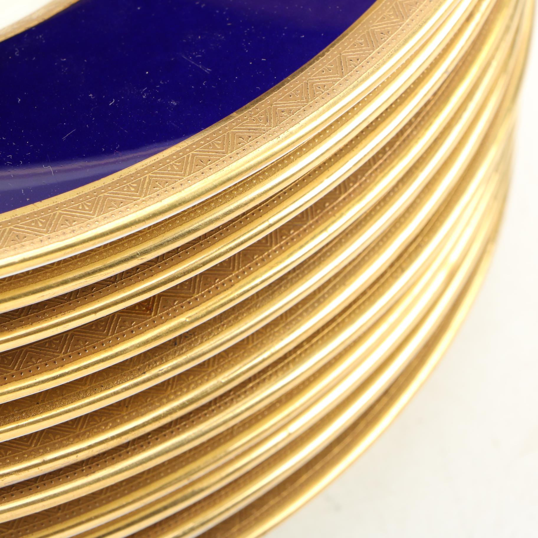 Royal Doulton for Ovington Bros. Co. Cobalt and Gilt Porcelain Dinner Plates
