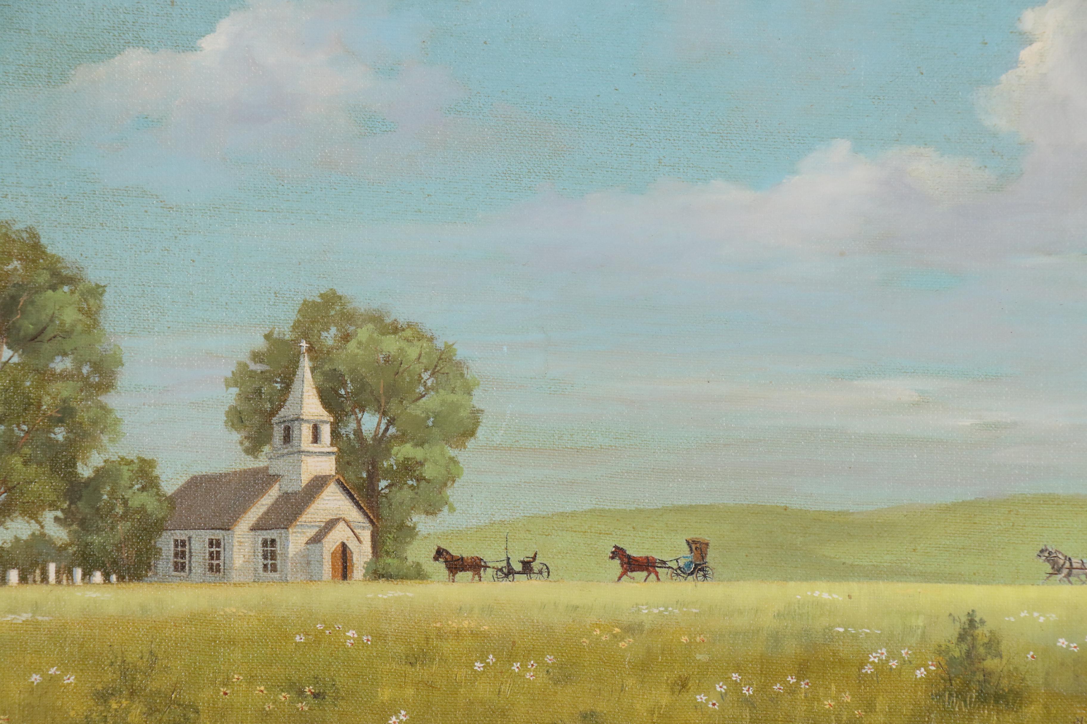 Jean Spiry Folk Style Oil Painting of Horse Drawn Carriages Approaching Church