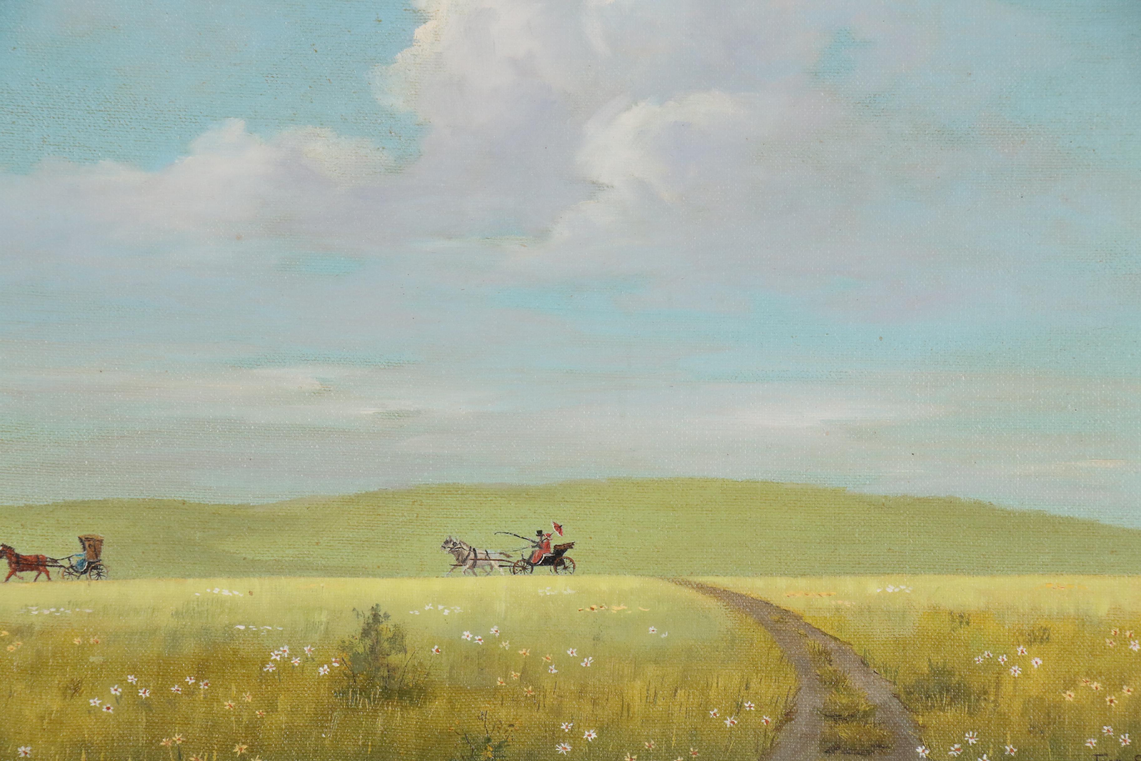 Jean Spiry Folk Style Oil Painting of Horse Drawn Carriages Approaching Church