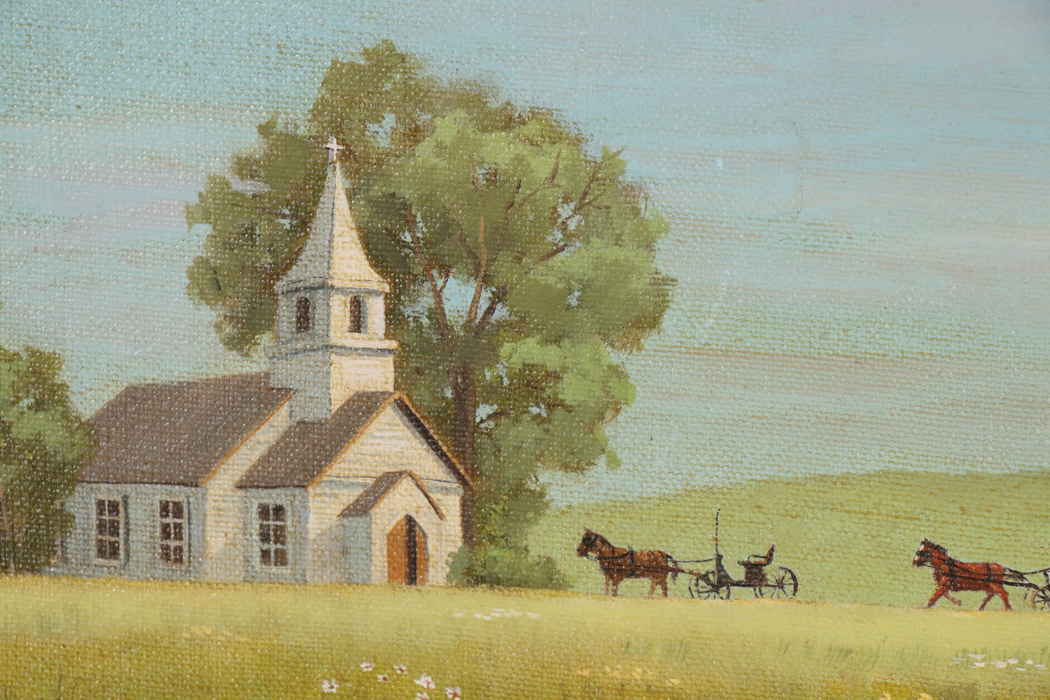 Jean Spiry Folk Style Oil Painting of Horse Drawn Carriages Approaching Church