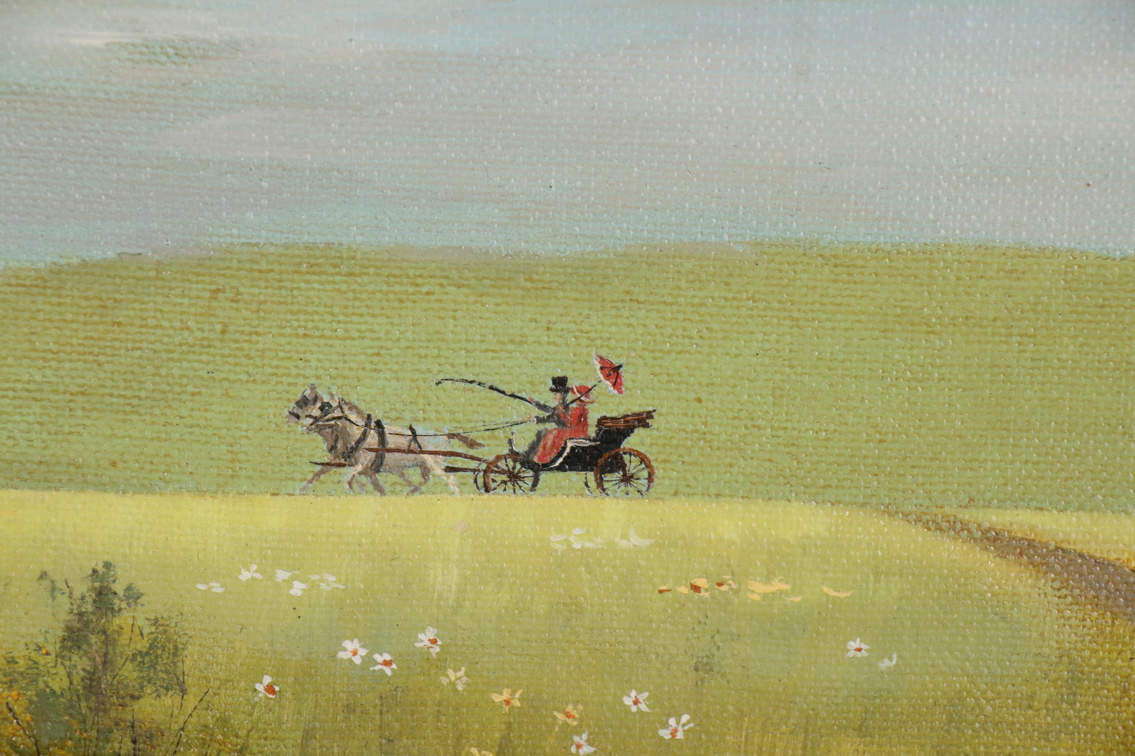 Jean Spiry Folk Style Oil Painting of Horse Drawn Carriages Approaching Church