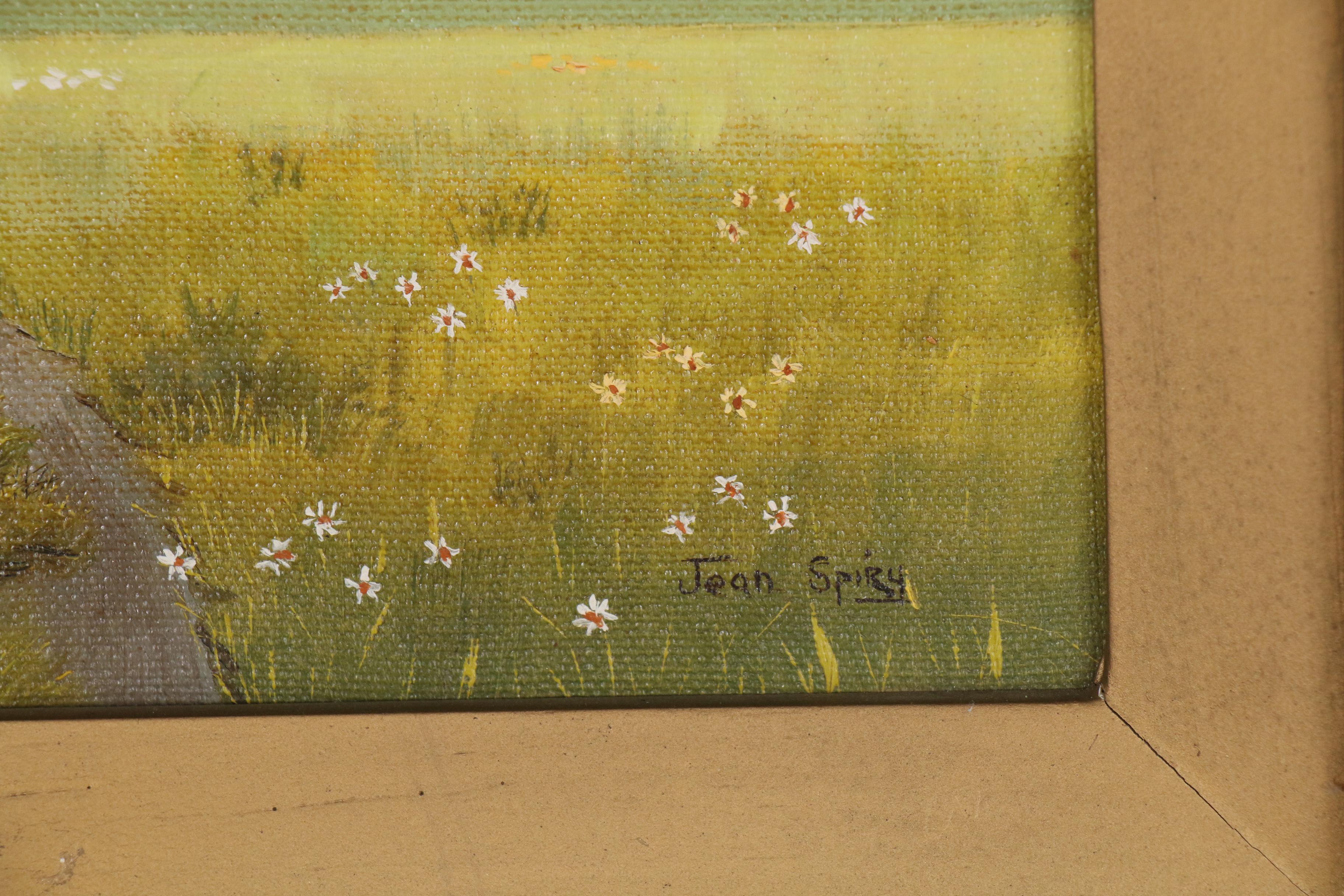 Jean Spiry Folk Style Oil Painting of Horse Drawn Carriages Approaching Church