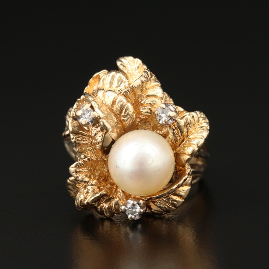 14K Yellow Gold Pearl and Diamond Foliate Ring