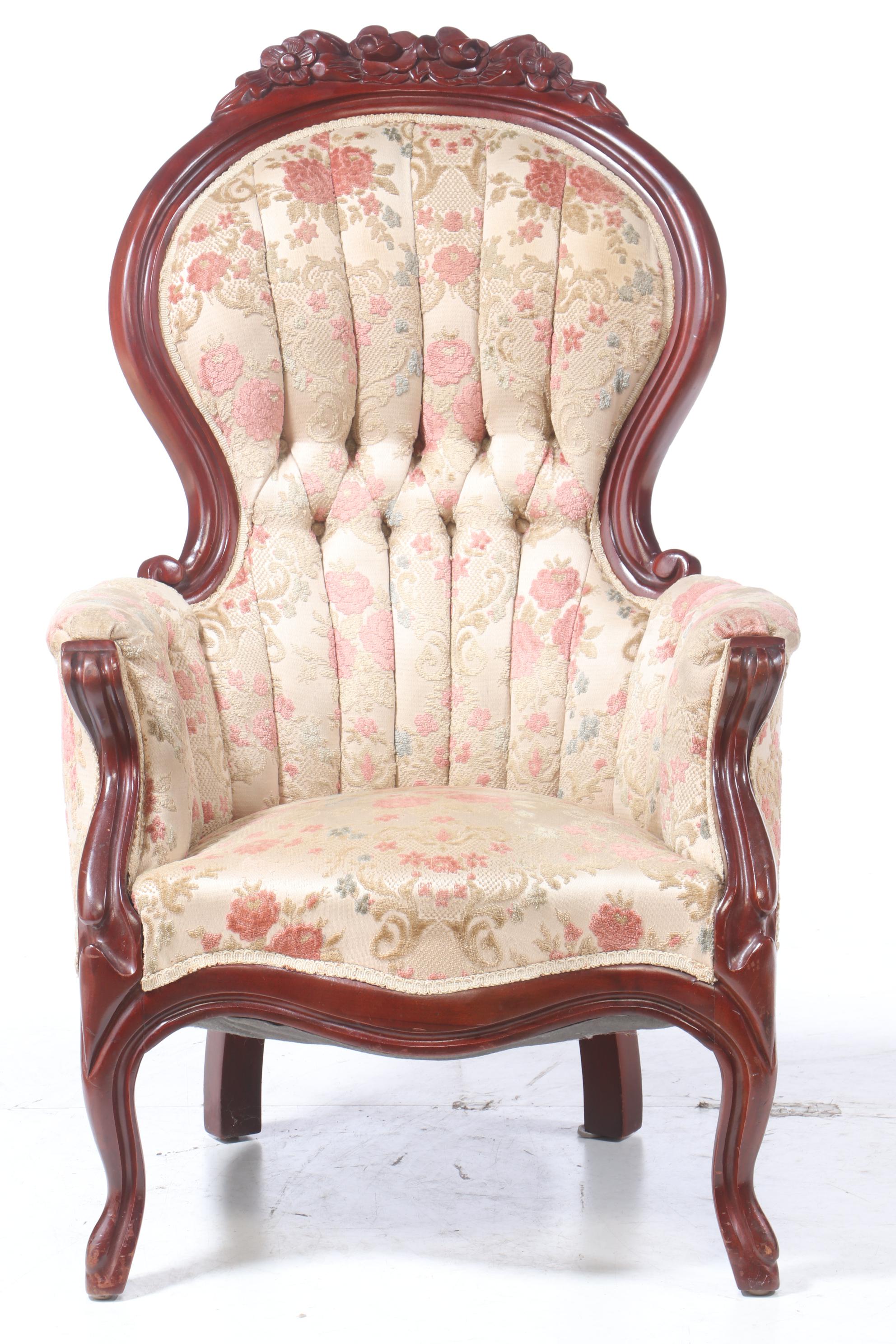 Two Carlton McLendon Furniture Co. Victorian Style Carved Mahogany Parlor Chairs