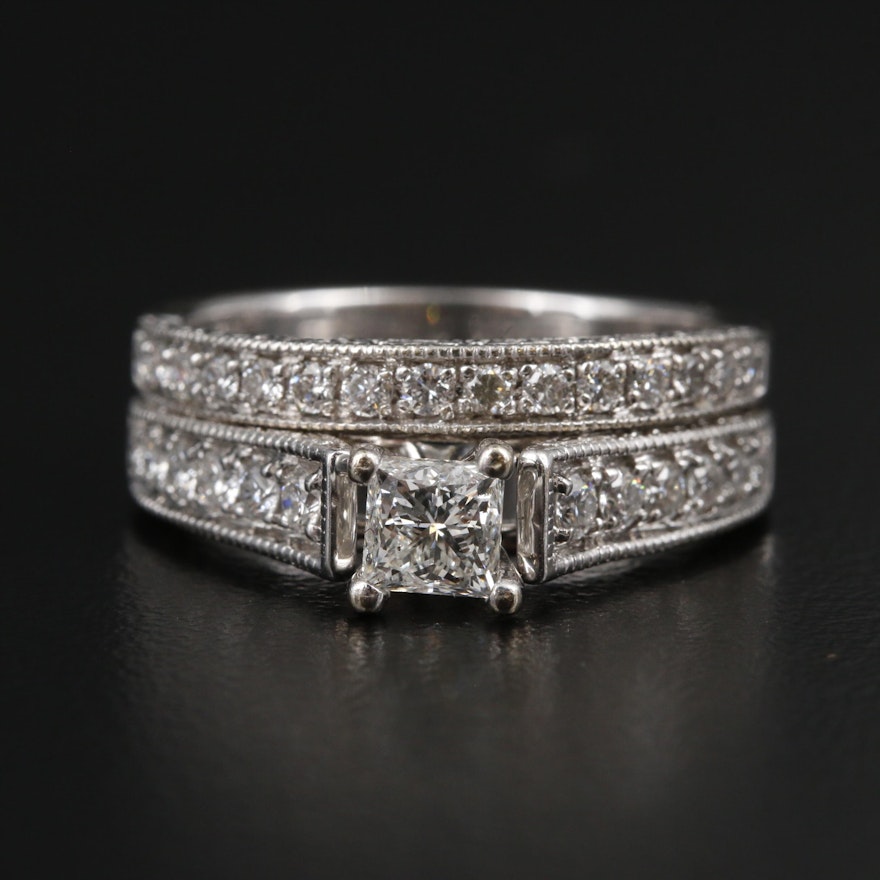 14K White Gold Diamond Ring Set with Milgrain Detail