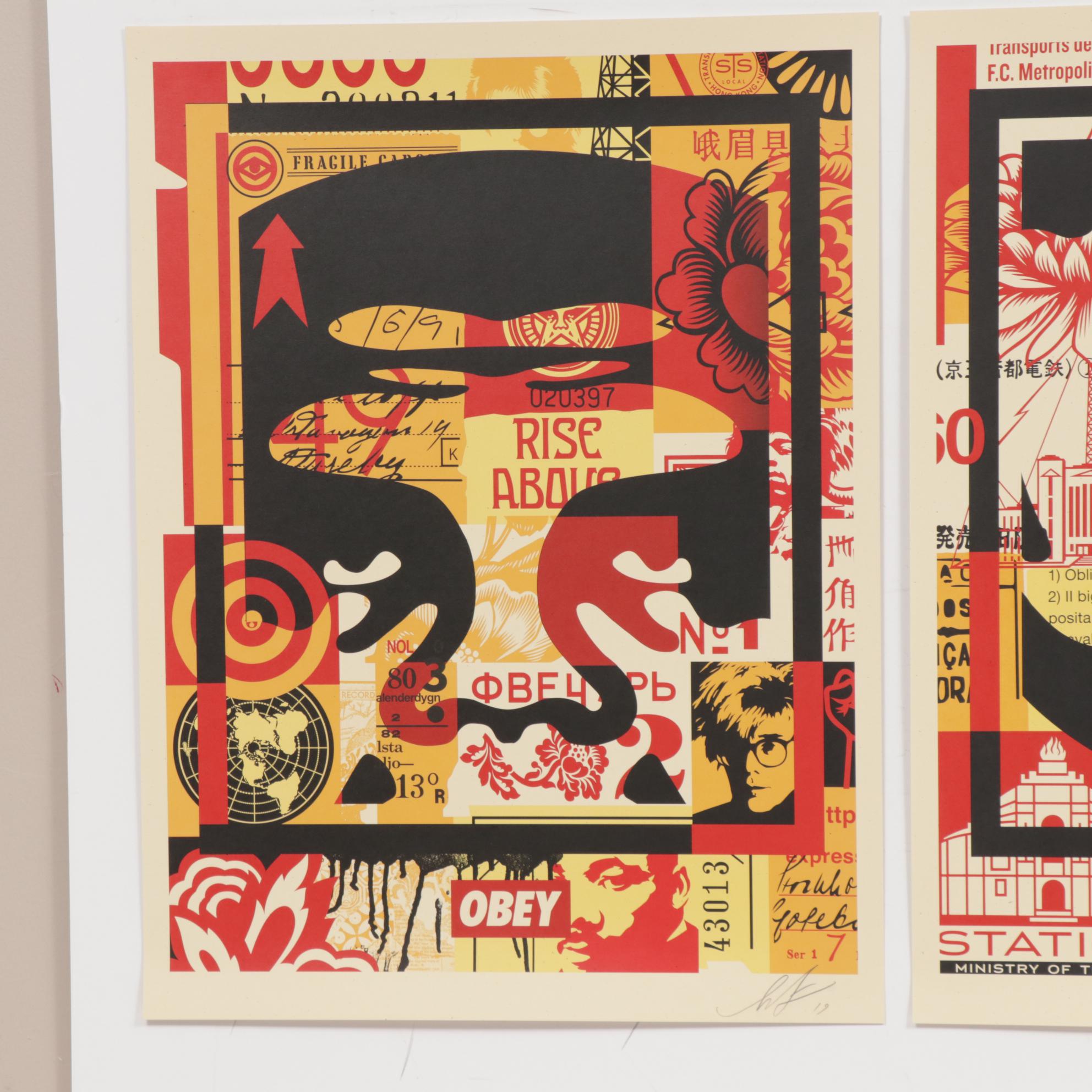 Shepard Fairey Offset Poster "OBEY 3-Face Collage" Triptych, 2019