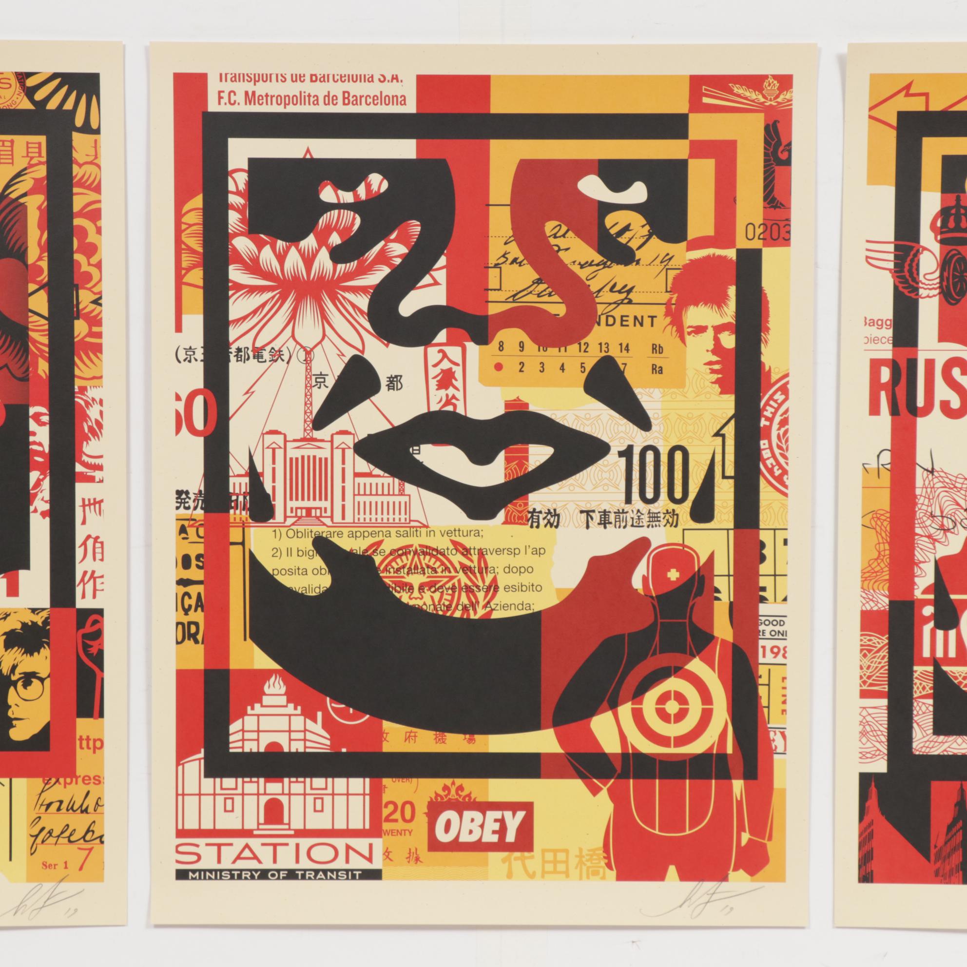 Shepard Fairey Offset Poster "OBEY 3-Face Collage" Triptych, 2019