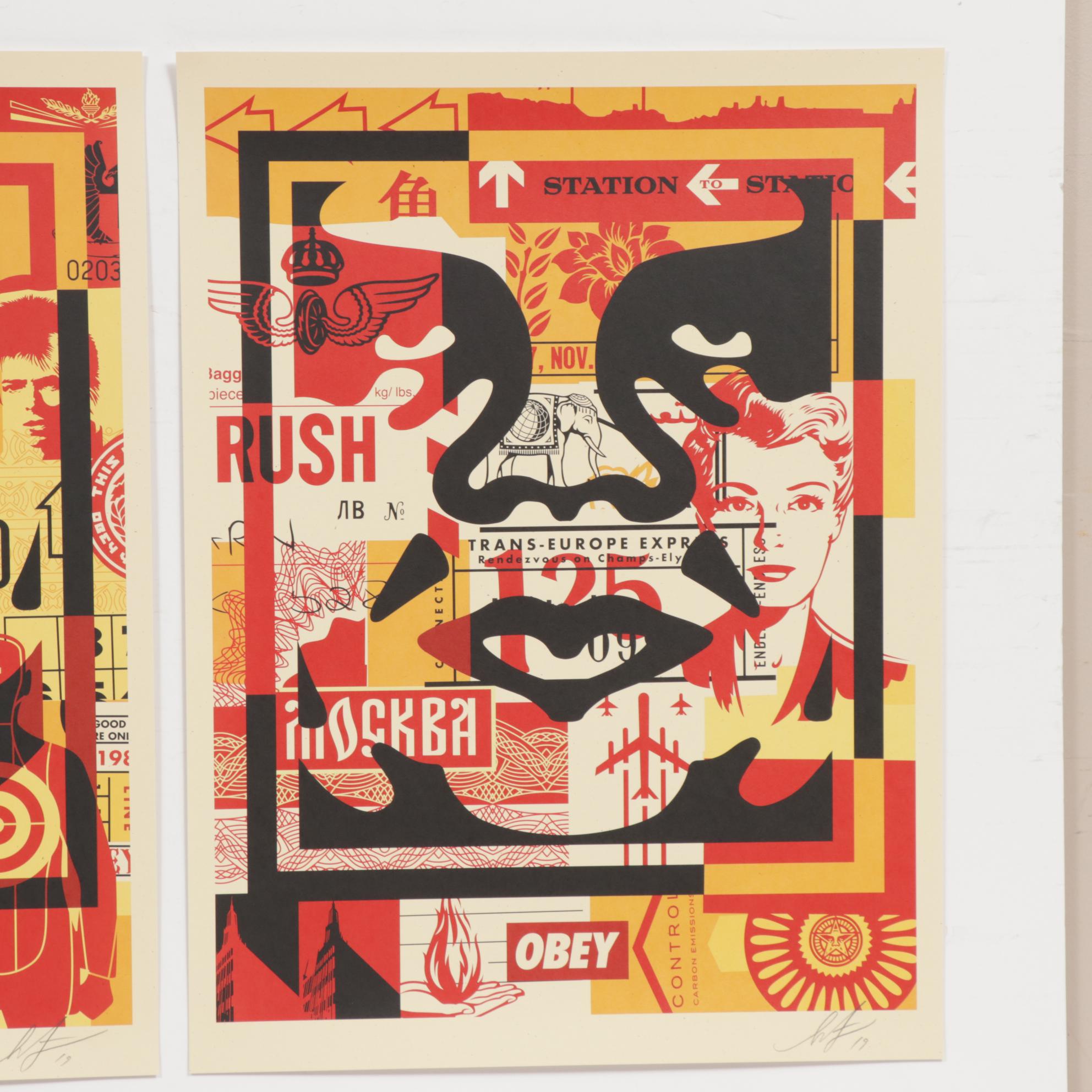Shepard Fairey Offset Poster "OBEY 3-Face Collage" Triptych, 2019