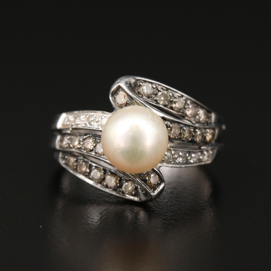 14K White Gold Pearl and Diamond Ring