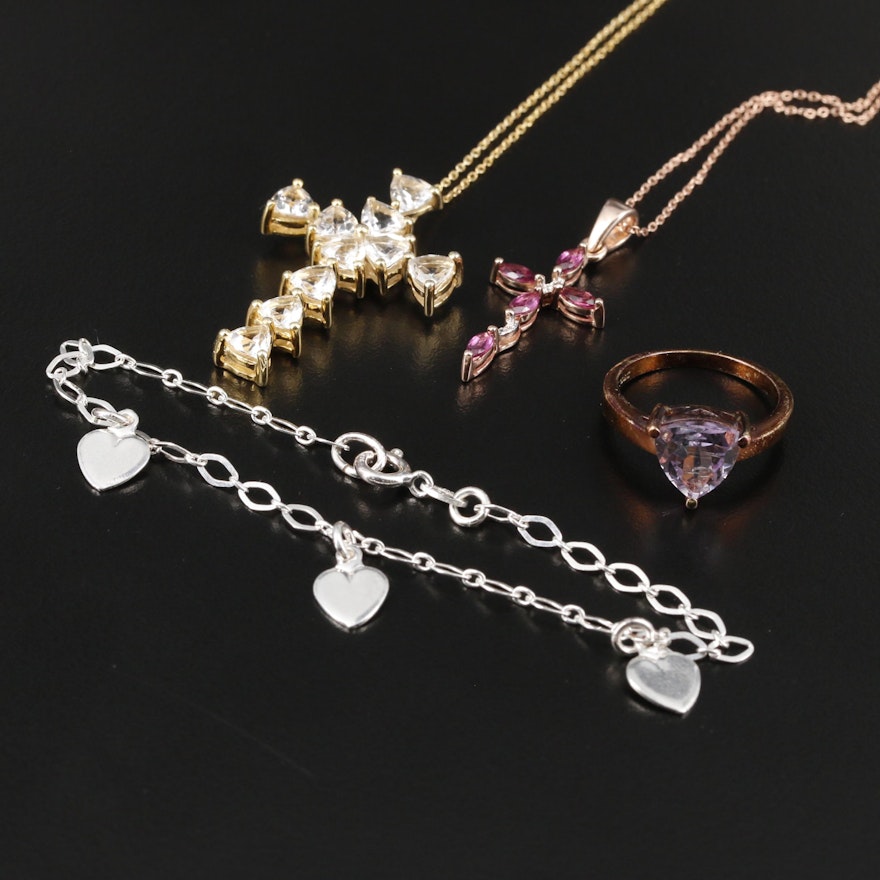 Sterling Cross Necklaces, Heart Station Bracelet and Amethyst Ring