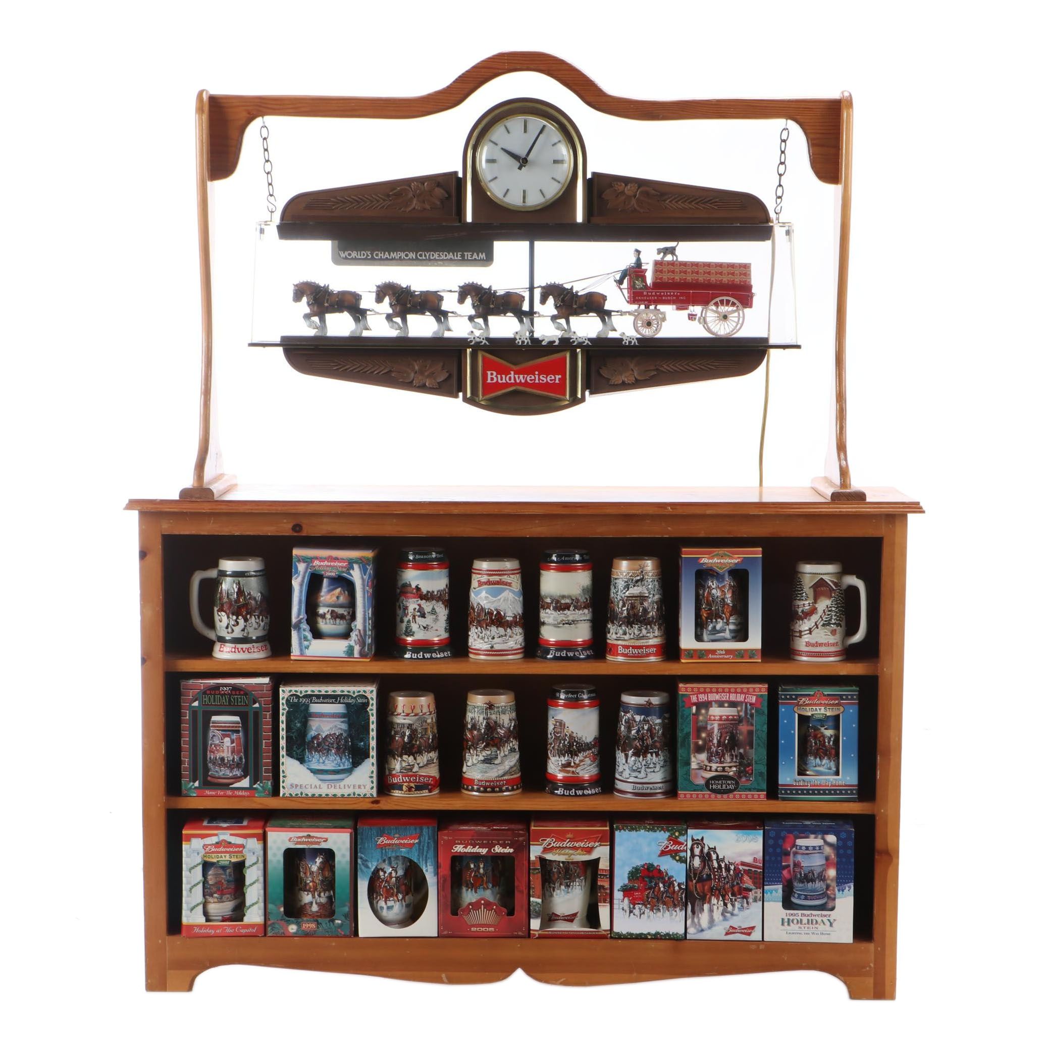 Budweiser Clydesdale Hanging Light-Up Sign With Clock And Budweiser Mug Display