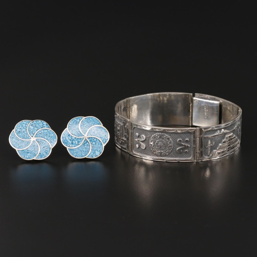 Mexican Sterling Silver Chip Turquoise Panel Bracelet and Button Earrings
