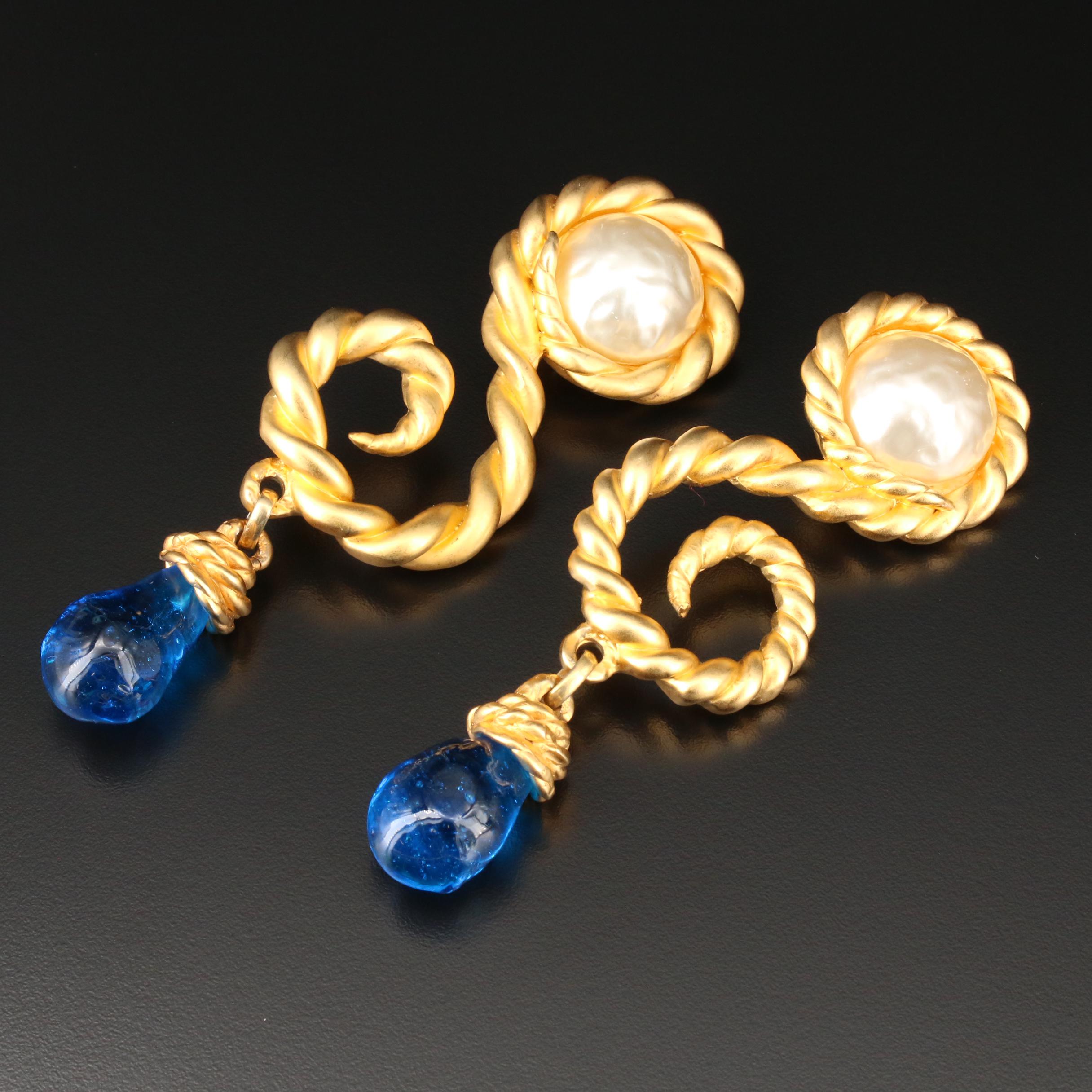 Vintage Chanel Blue Gripoix Glass Drop Earrings with Susan Lucci Signed Box